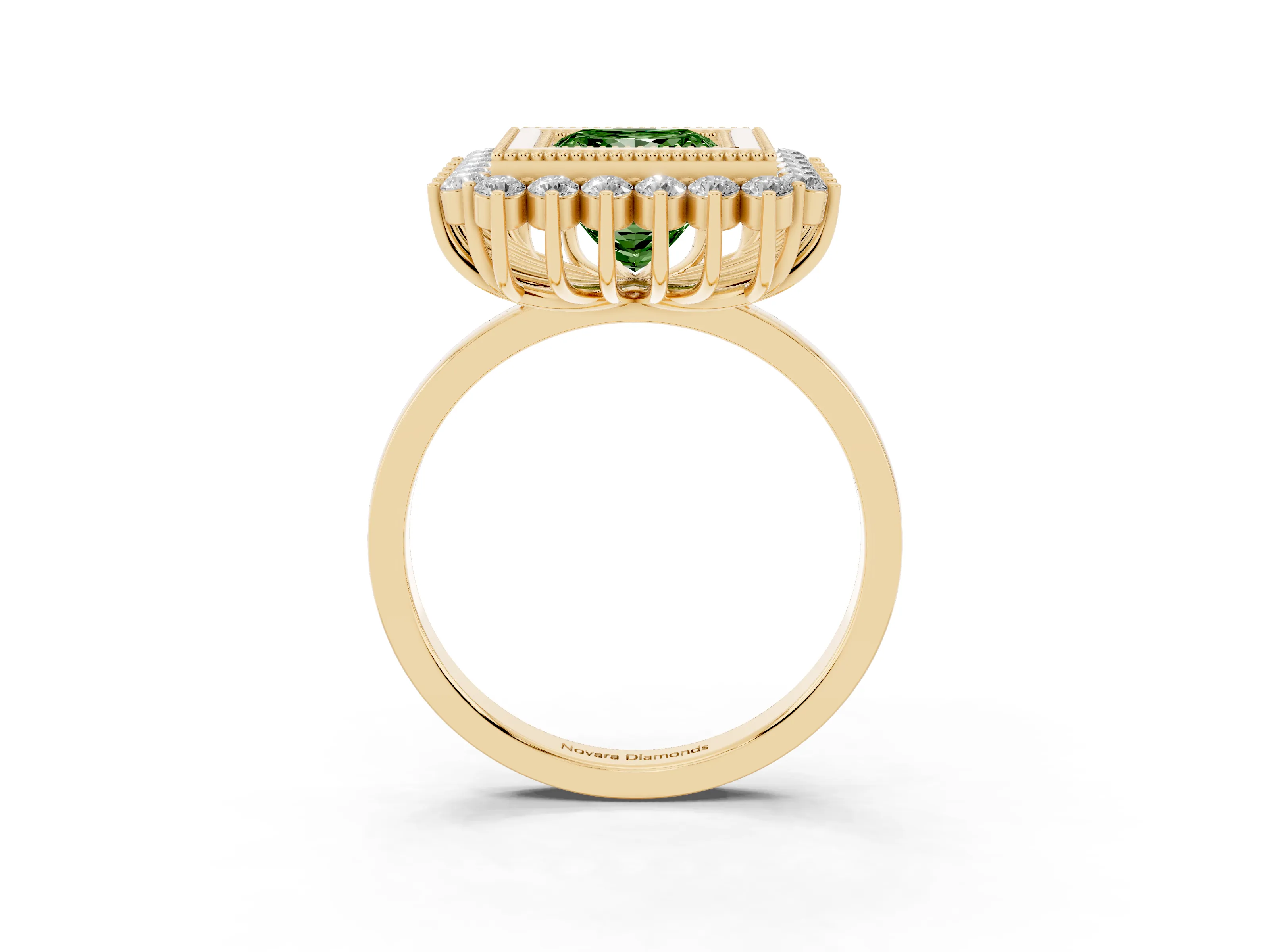 Fancy Green Princess Cut Diamond Halo Ring Set in Yellow gold with Milgrain Edge and Round Prong Setting