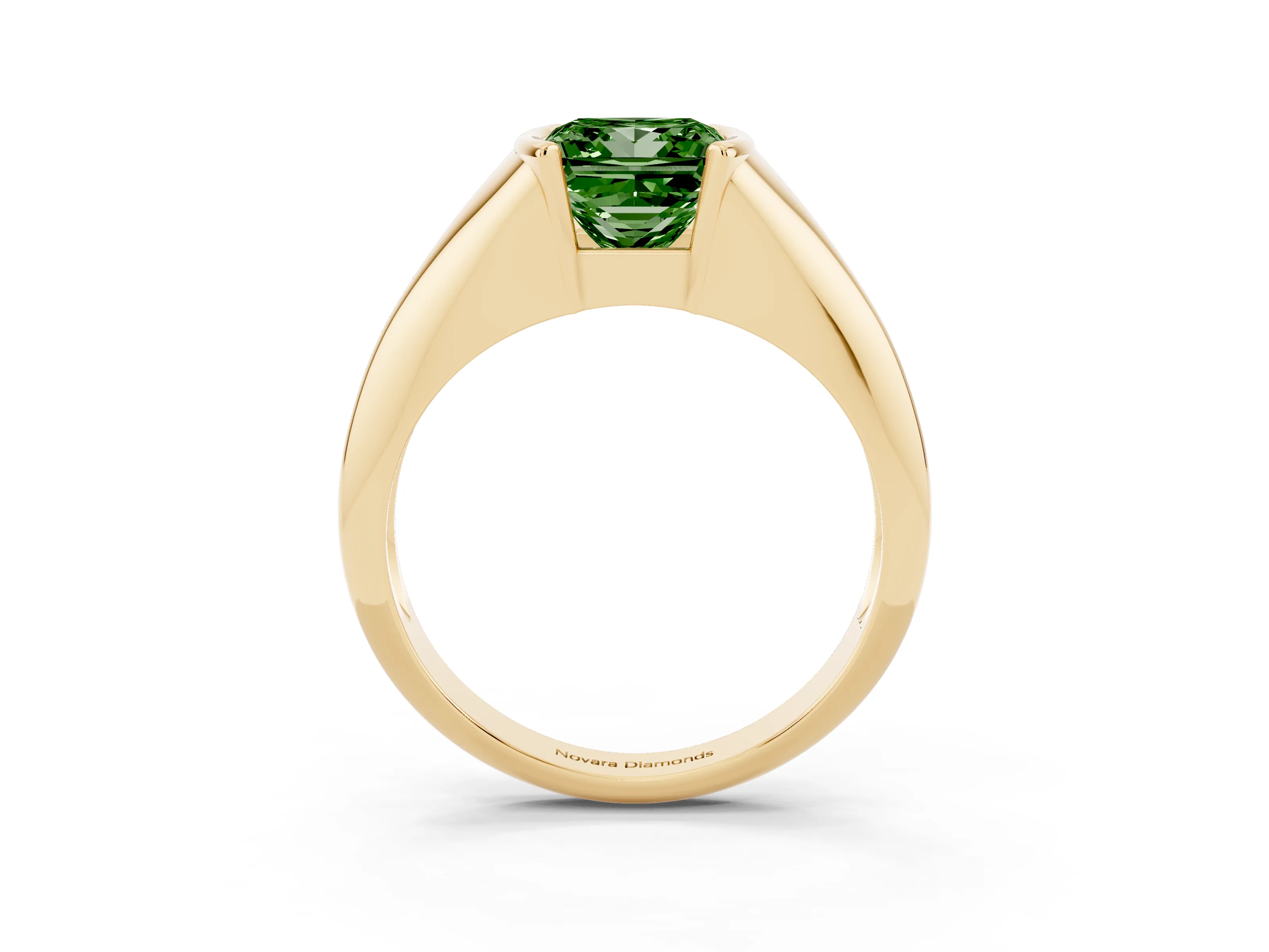 Fancy Green Princess Cut Diamond Solitaire Tension Set Ring Set in Yellow gold