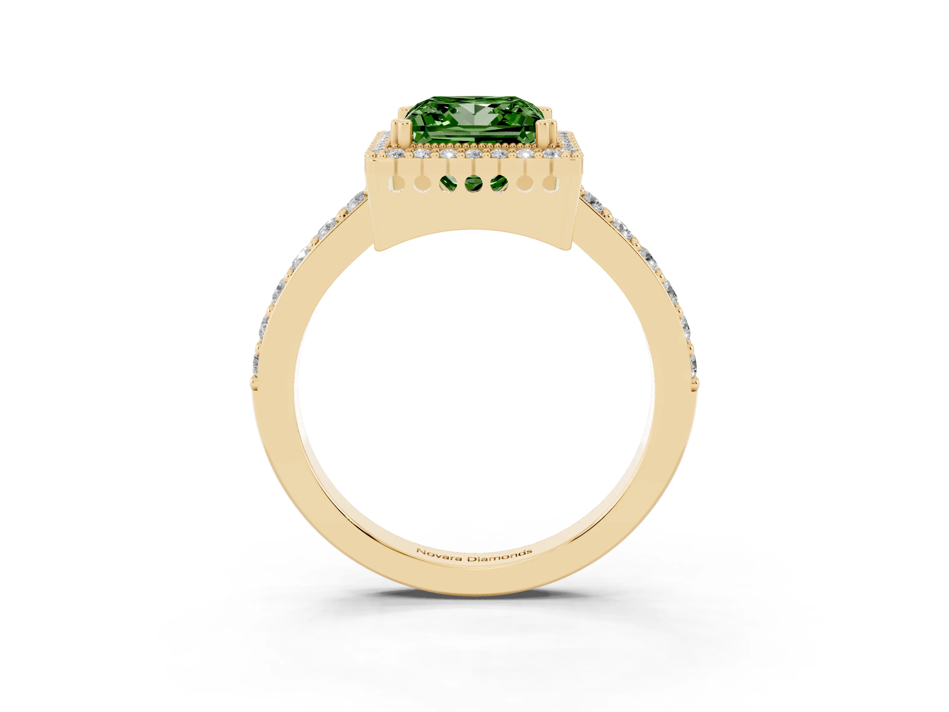 Fancy Green Princess Cut Diamond Halo Engagement Ring Set in Yellow gold with Milgrain Detail and Pavé Band
