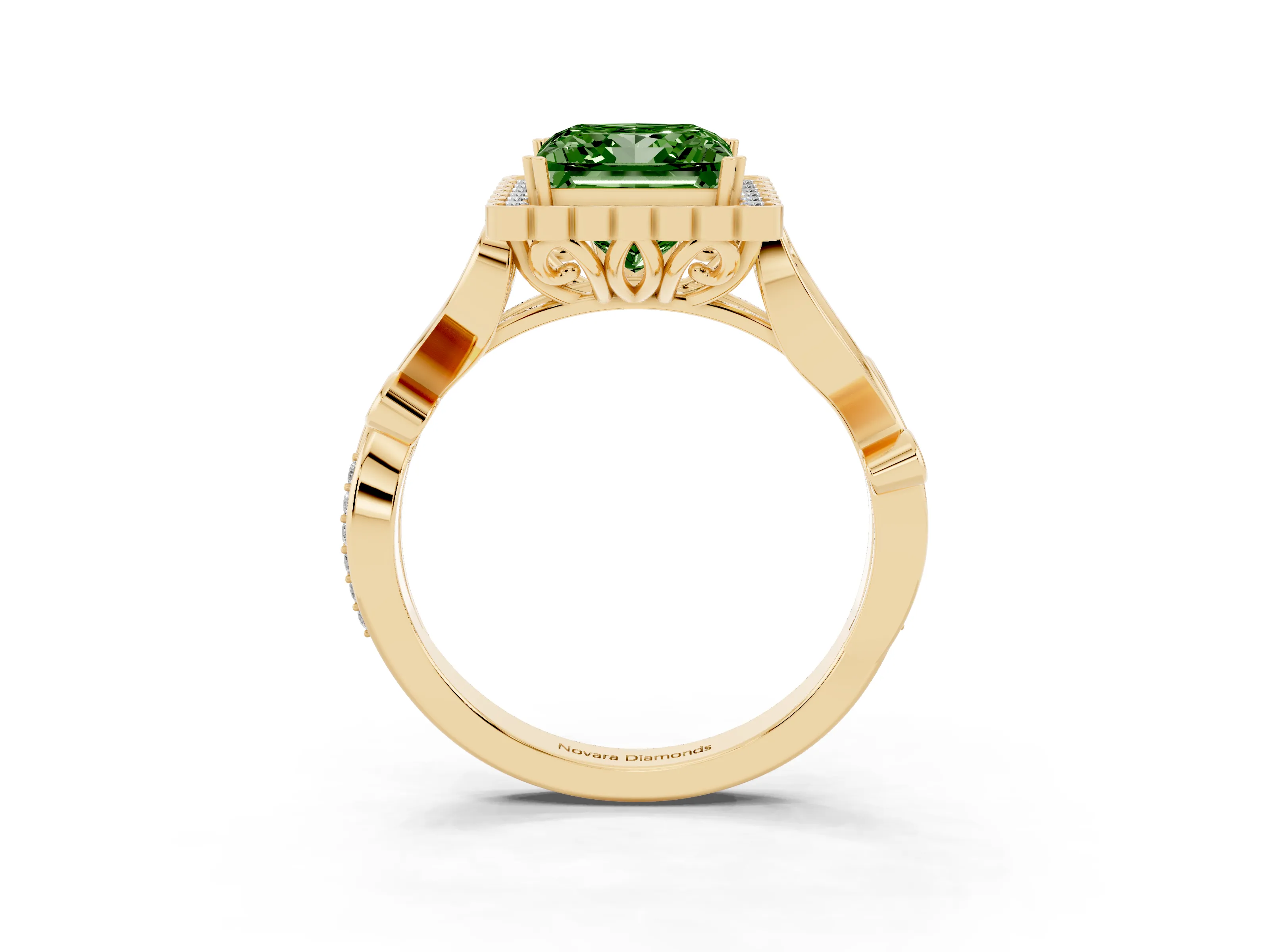 Fancy Green Princess Cut Diamond Halo Ring Set in Yellow gold with Leaf Motif Split Shank and Prong Setting