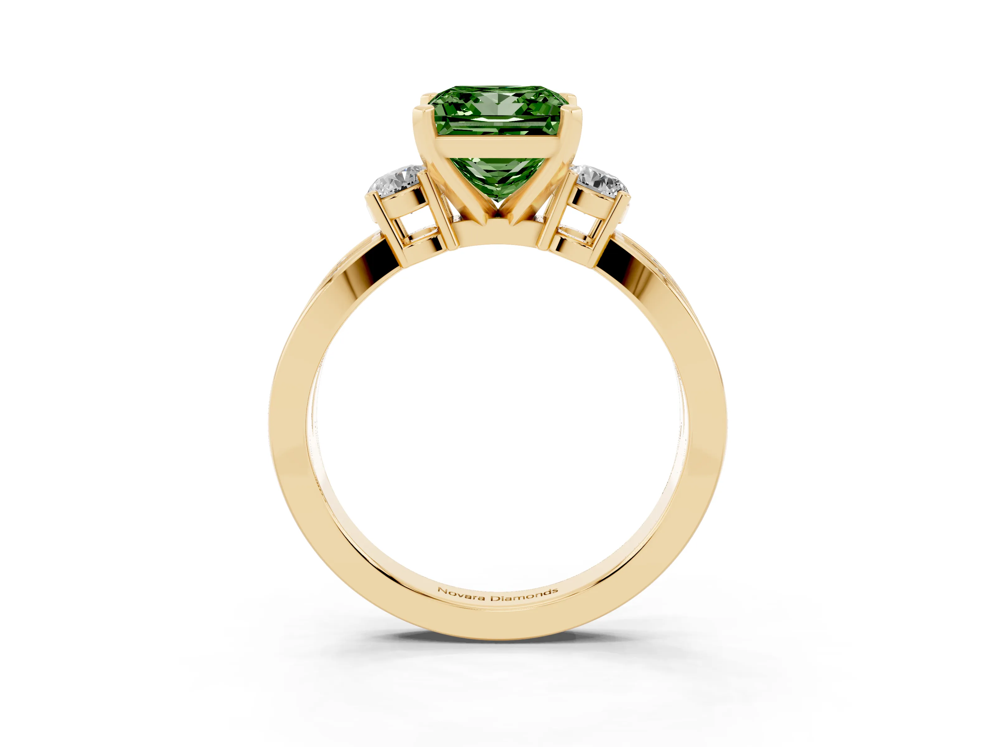 Fancy Green Three-Stone Princess Cut Diamond Twist Band Ring Set in Yellow gold with Pavé Accents and Prong Setting