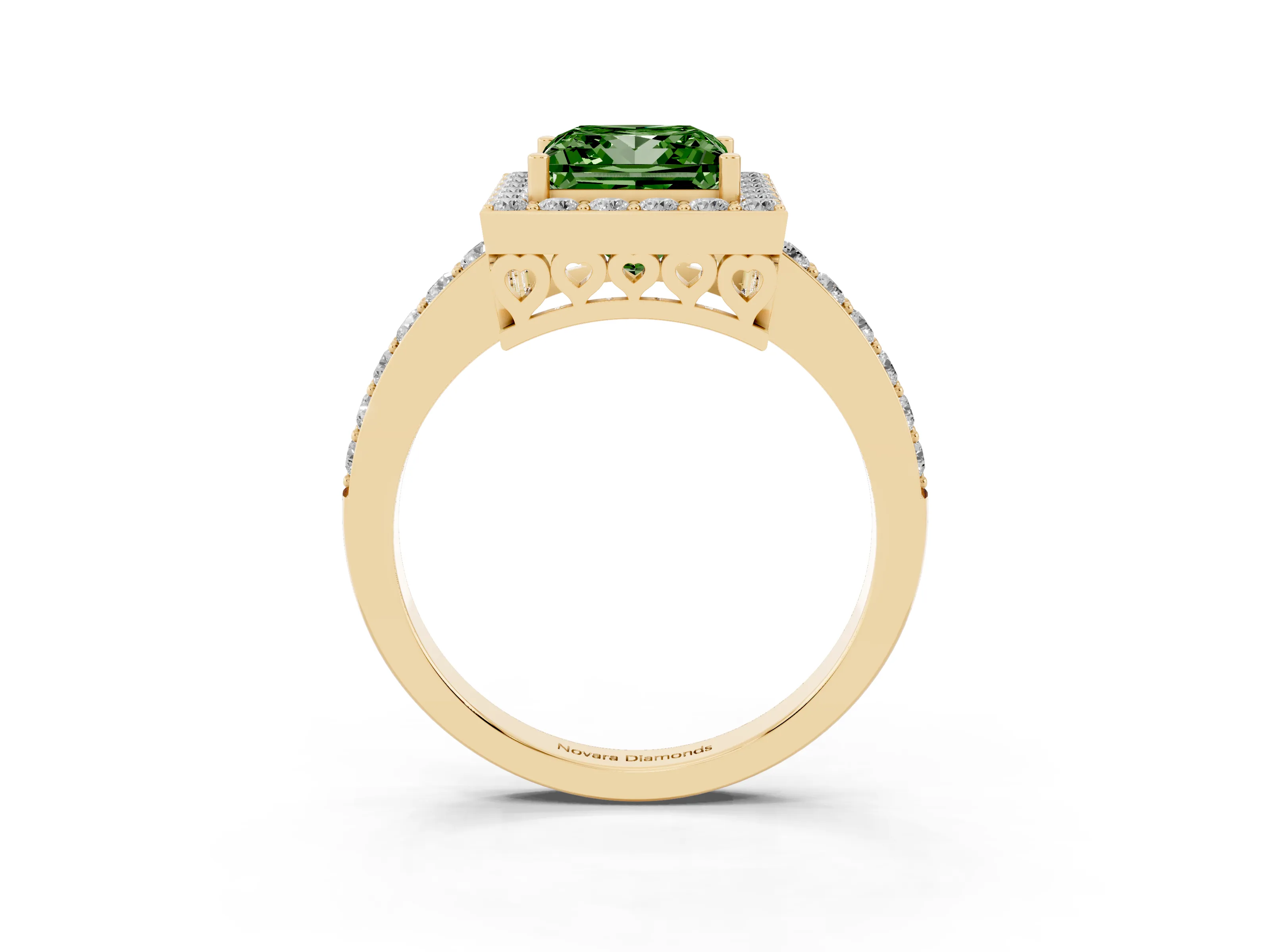 Fancy Green Princess Cut Diamond Halo Ring Set in Yellow gold with Pavé-Setting Band and Open Prong Center
