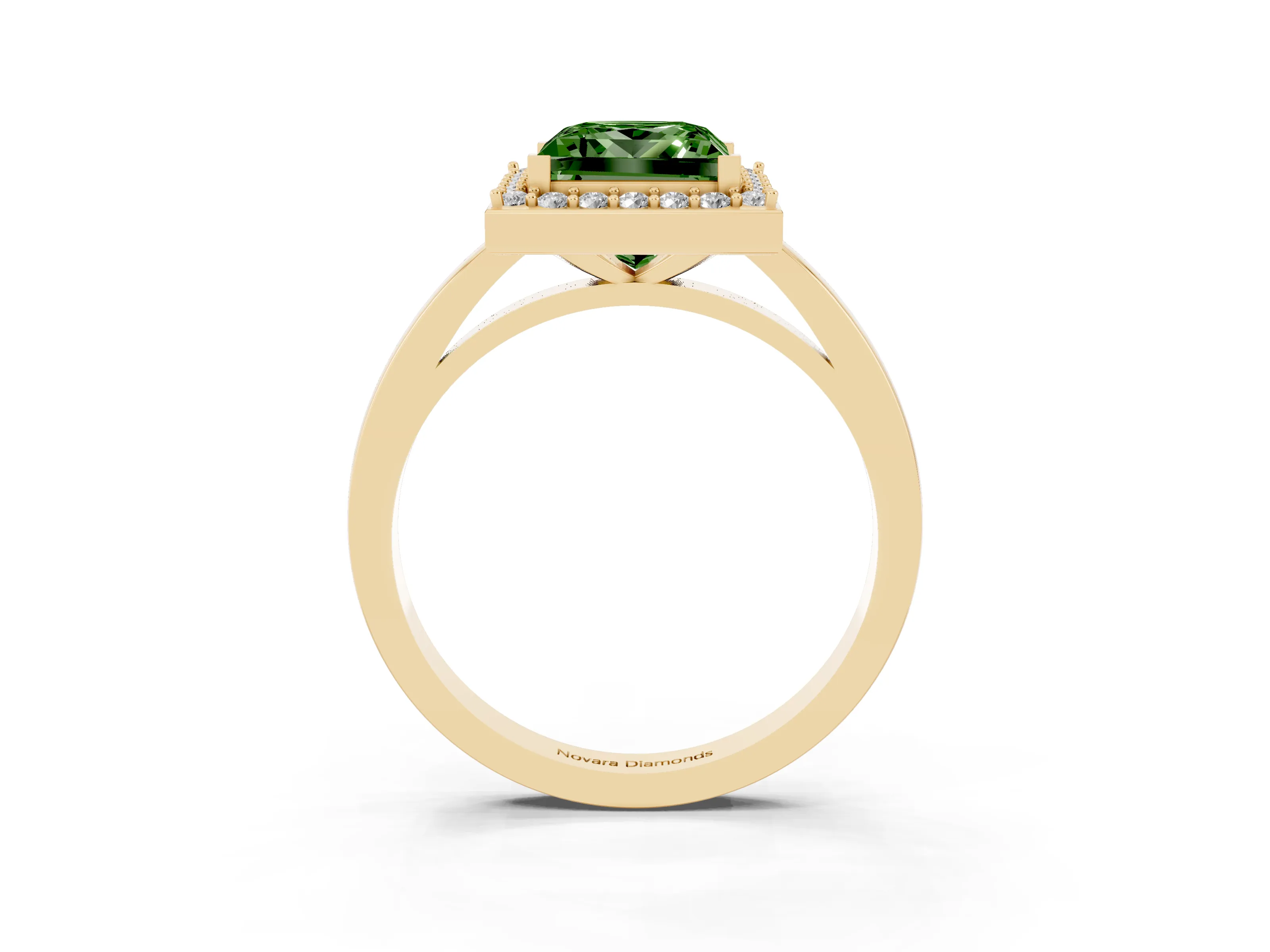 Fancy Green Princess Cut Diamond Halo Ring Set in Yellow gold with Solitaire Band and Prong Setting