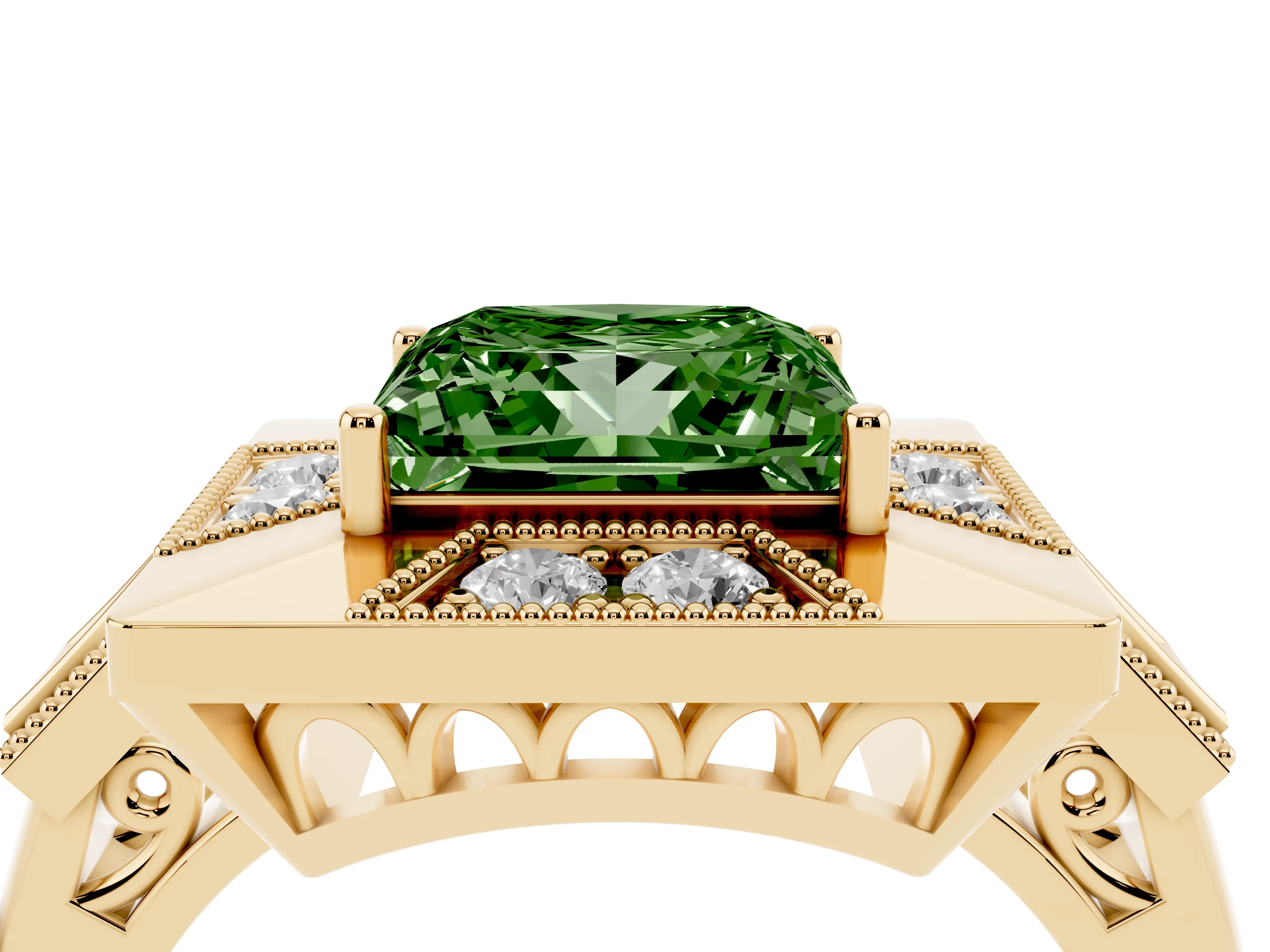 Fancy Green Princess Cut Diamond Milgrain Halo Ring Set in Yellow gold with Split Shank