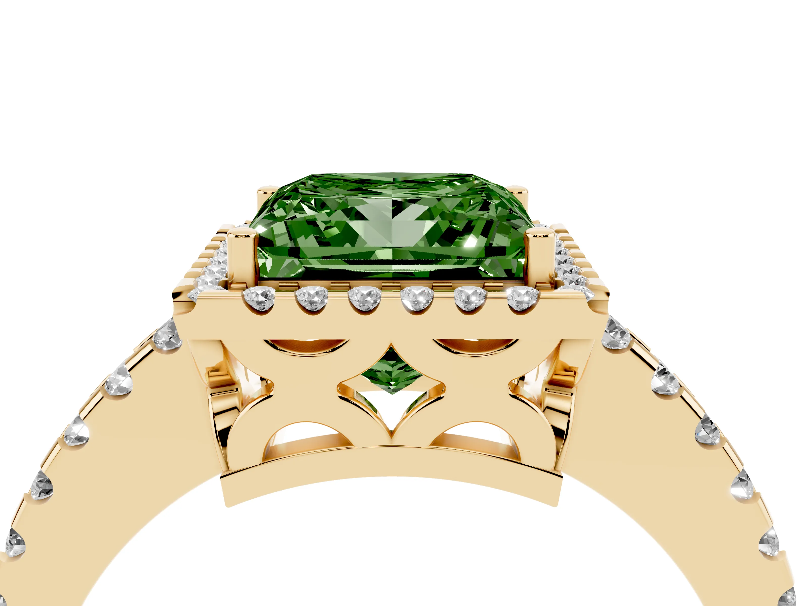 Fancy Green Princess Cut Diamond Halo Ring Set in Yellow gold with Pavé Shoulders and Halo-Framed Center