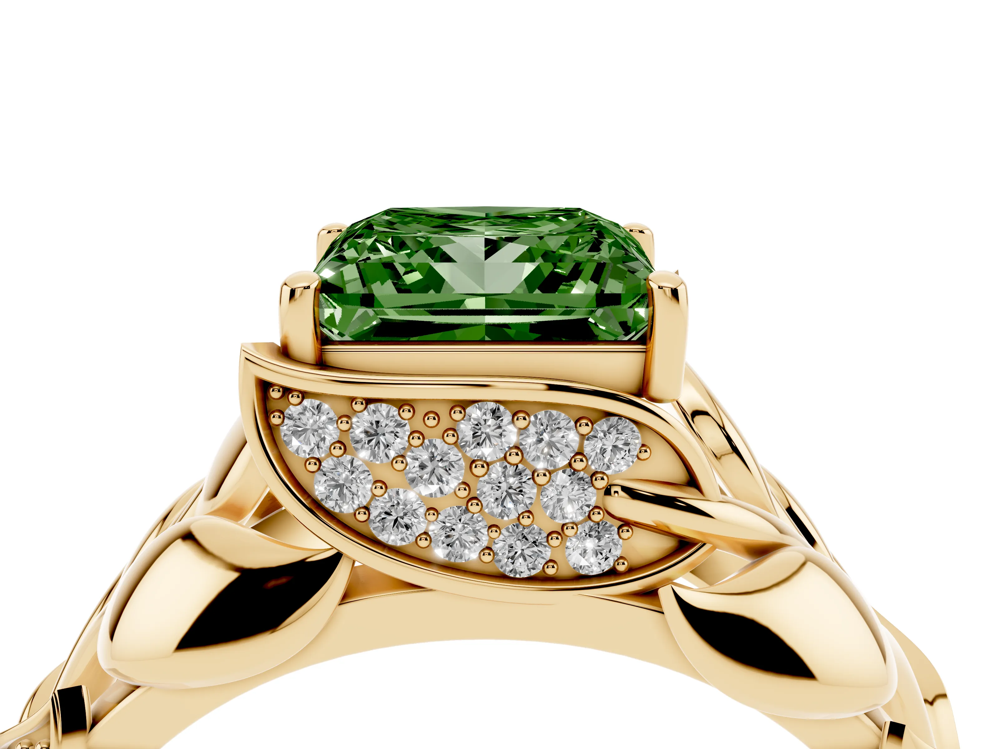 Fancy Green Princess Cut Diamond Leaf-Inspired Engagement Ring Set in Yellow gold with Round Accents