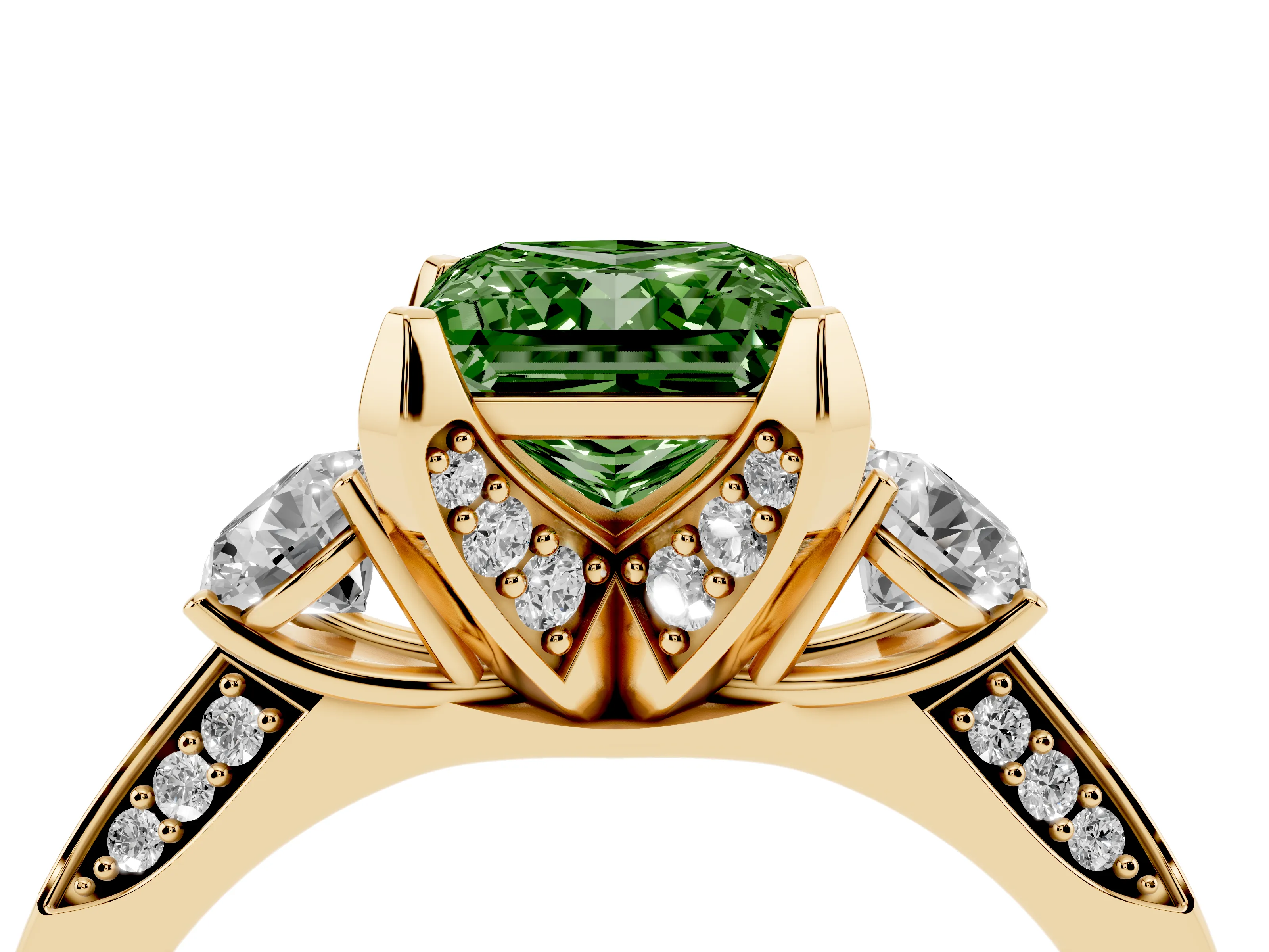 Fancy Green Princess Cut Diamond Three-Stone Ring Set in Yellow gold with Pavé Band and Smaller Side Stones