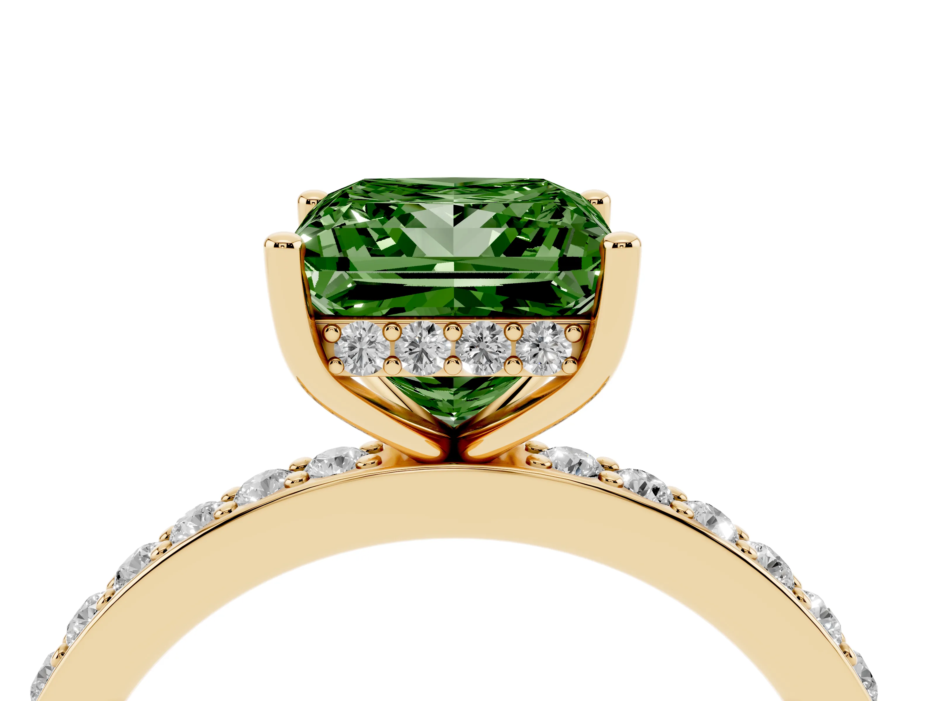 Fancy Green Princess Cut Diamond Pavé Band Ring Set in Yellow gold with Prong-Set Center Stone