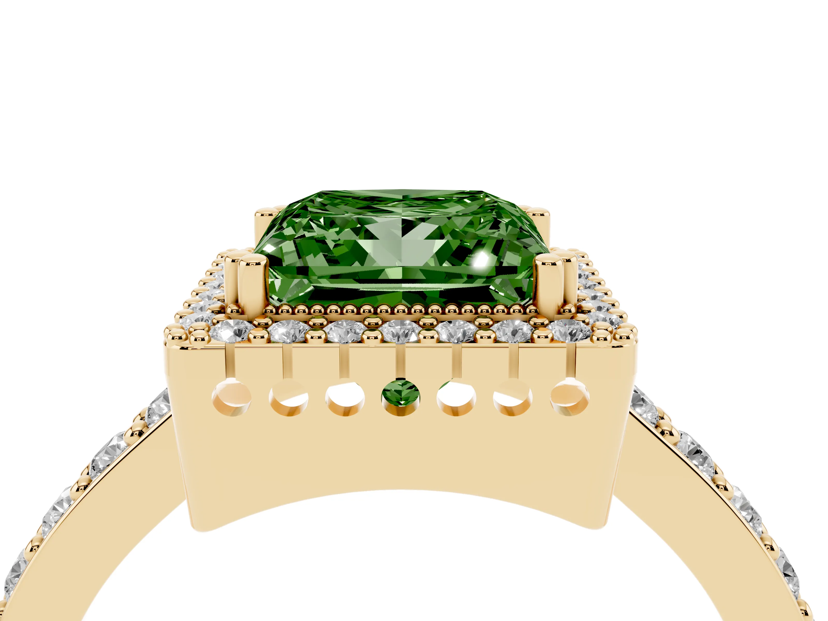 Fancy Green Princess Cut Diamond Halo Engagement Ring Set in Yellow gold with Milgrain Detail and Pavé Band
