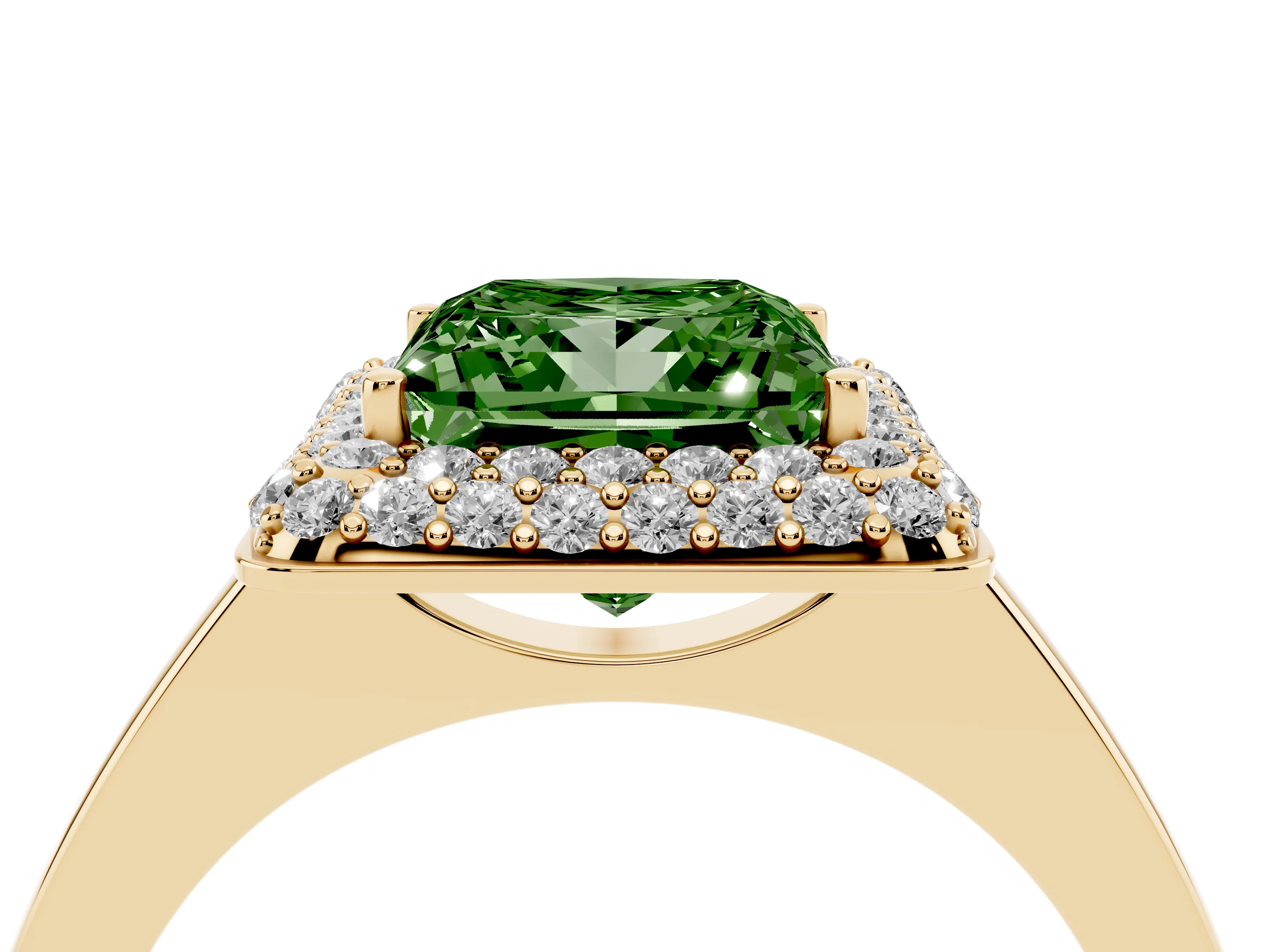Fancy Green Princess Cut Diamond Halo Engagement Ring Set in Yellow gold with Solitaire Band and Prong Setting