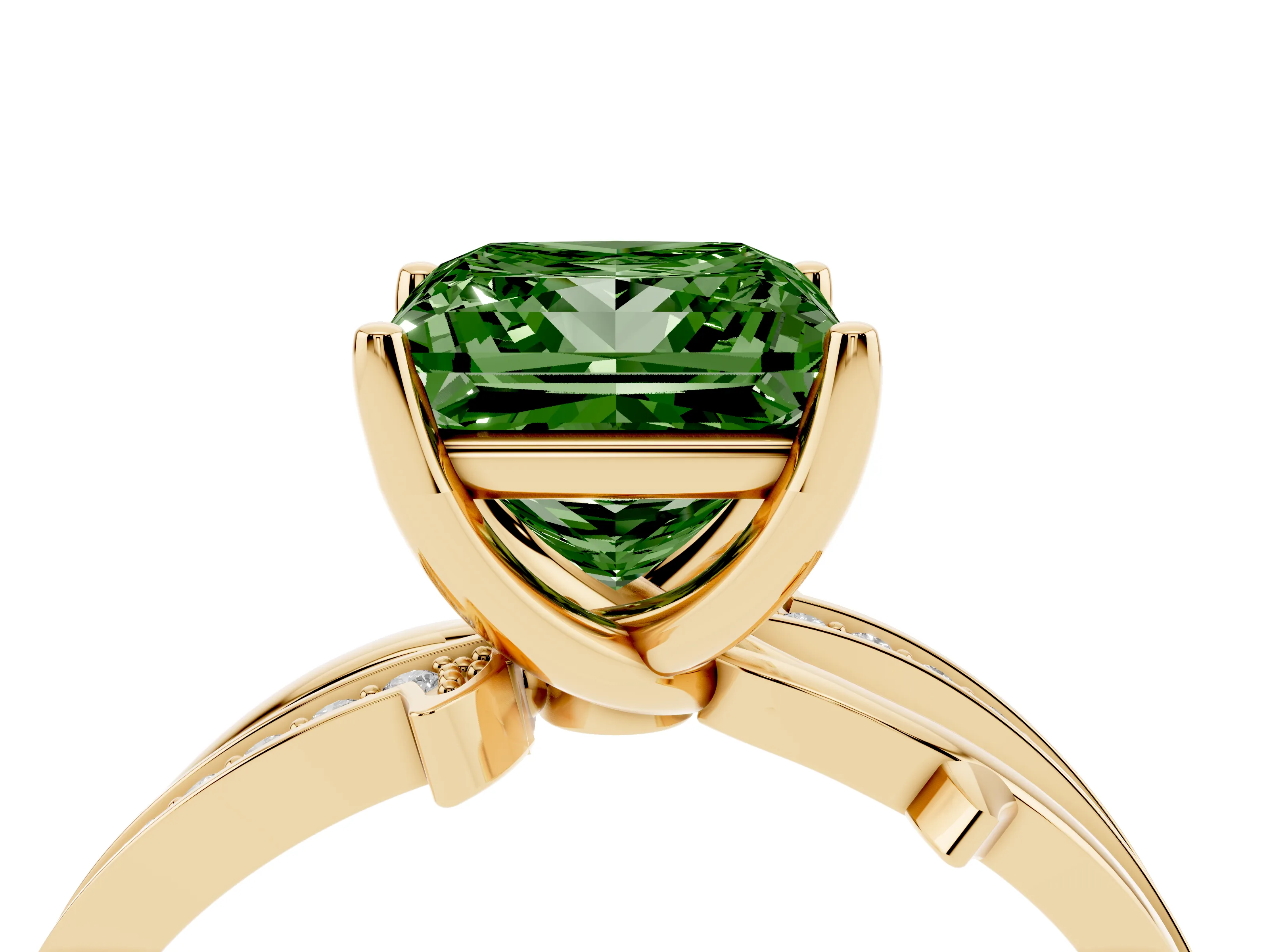 Fancy Green Princess Cut Diamond Pavé Twist Band Solitaire Ring Set in Yellow gold with Prong Setting
