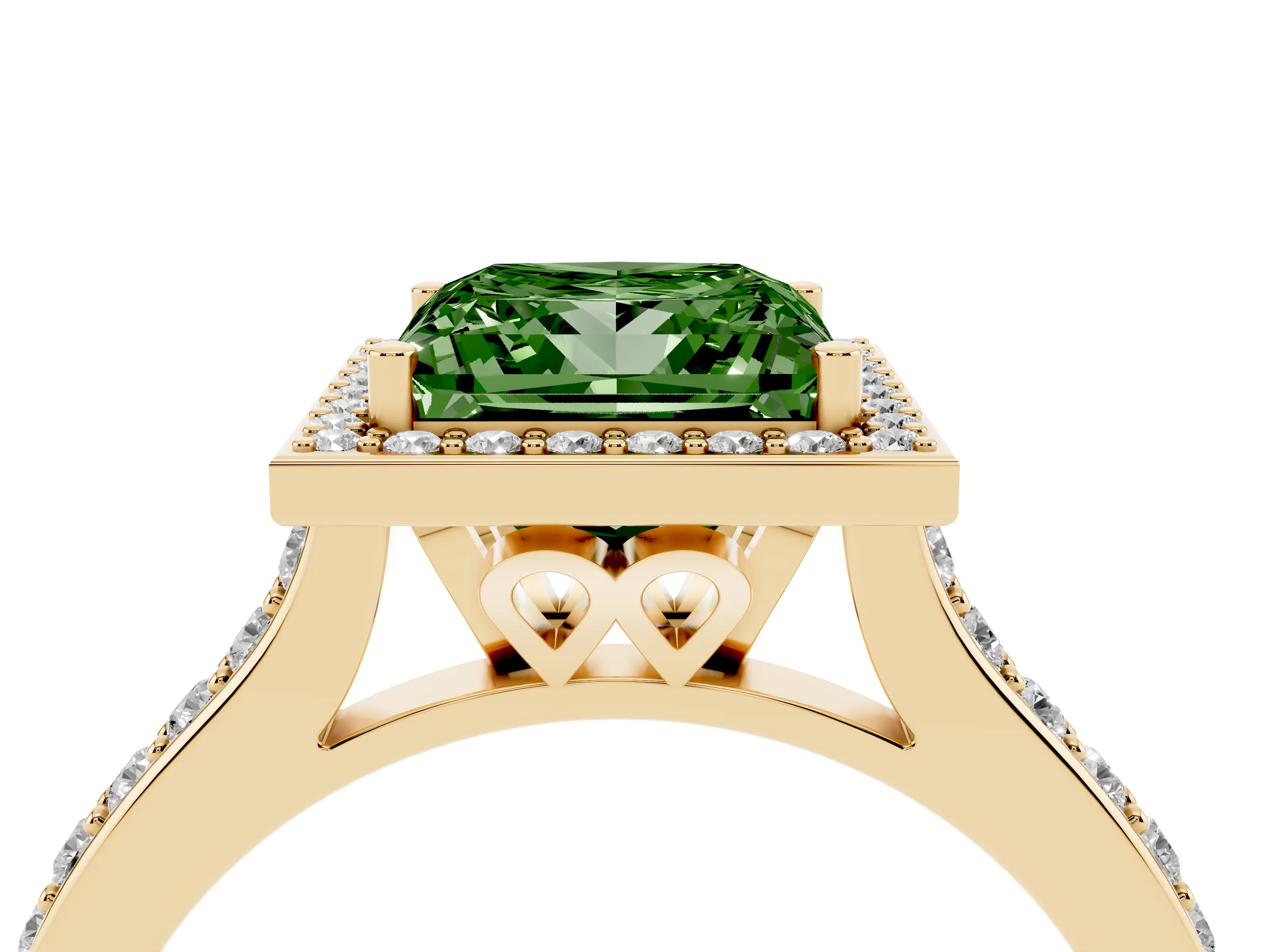 Fancy Green Princess Cut Diamond Halo Engagement Ring Set in Yellow gold with Round Pavé Shoulders and Heart Gallery