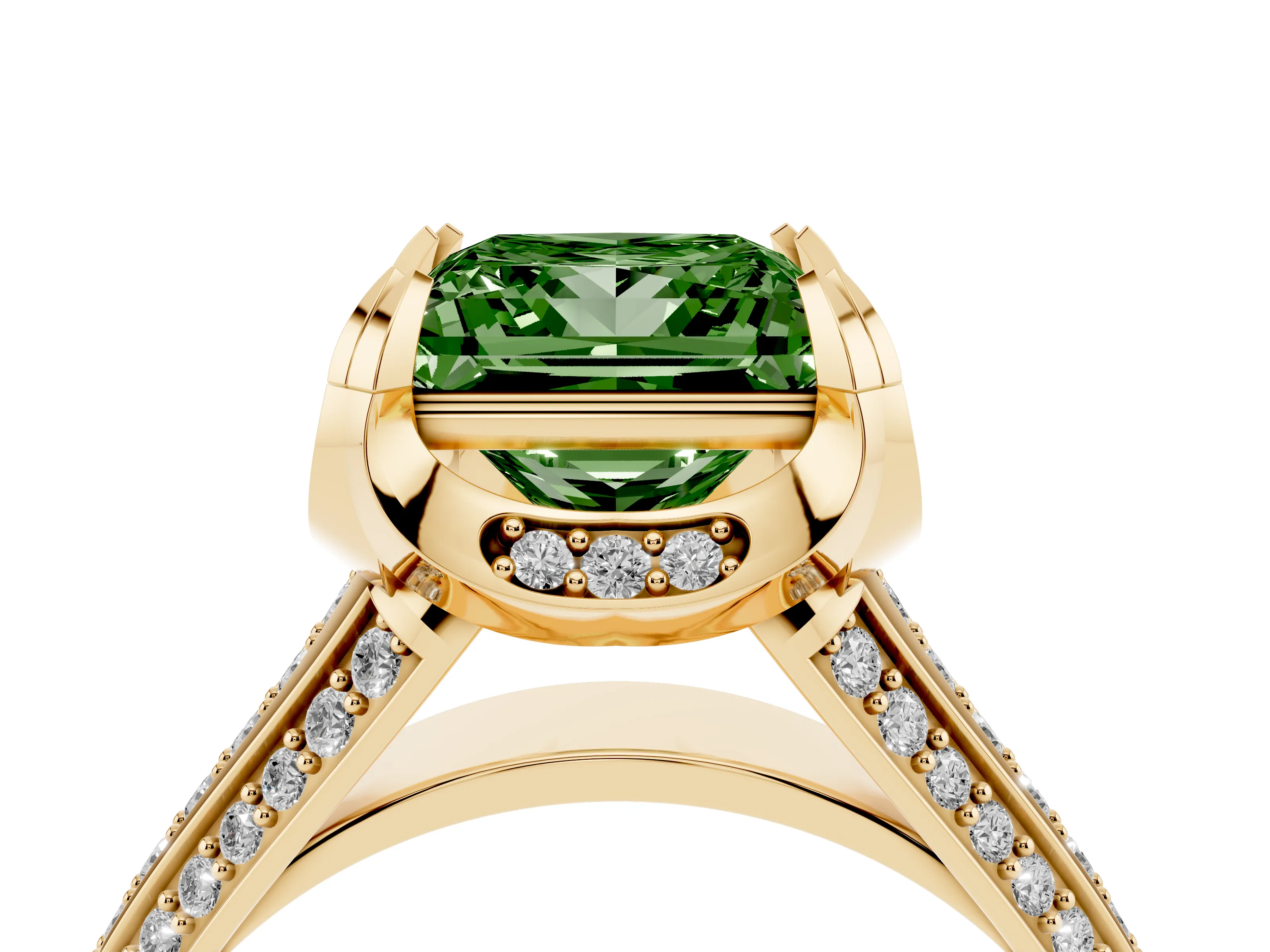 Fancy Green Princess Cut Diamond Pavé Split Shank Solitaire Ring Set in Yellow gold with Prong Setting