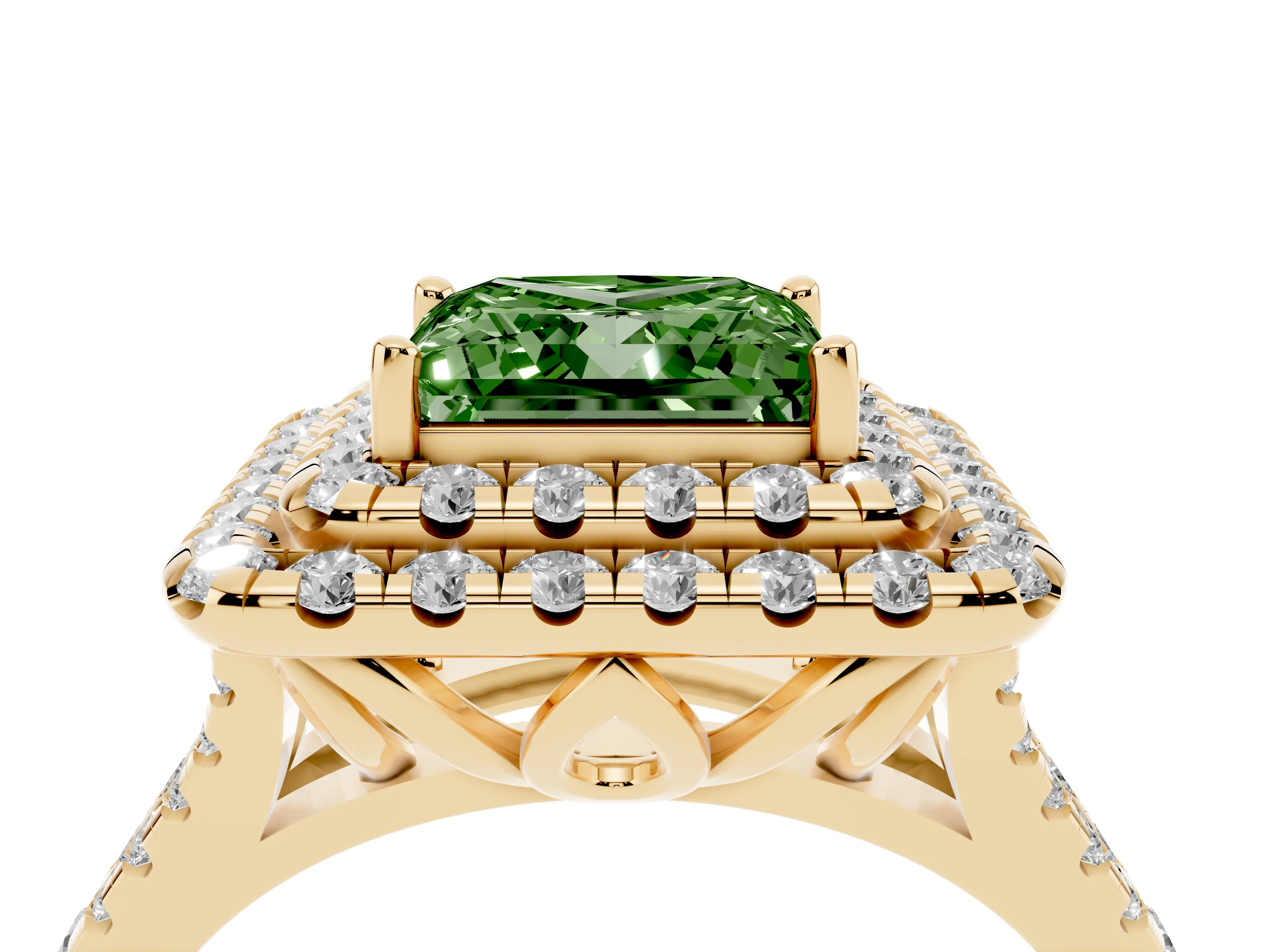 Fancy Green Princess Cut Diamond Double Halo Ring Set in Yellow gold with Pavé Split Shank and Prong Setting
