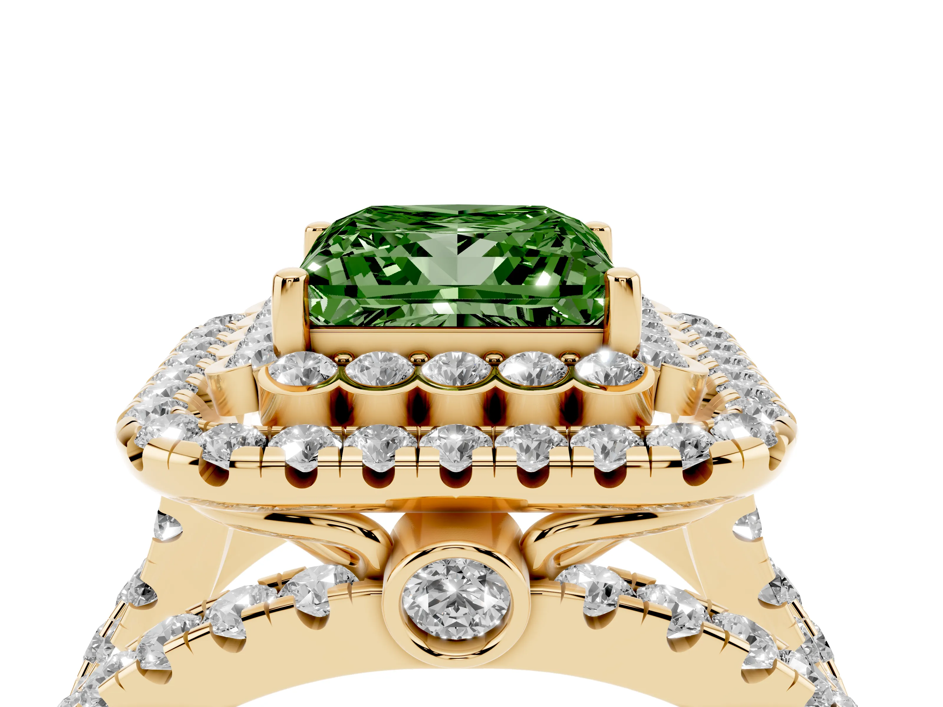 Fancy Green Princess Cut Diamond Double Halo Ring Set in Yellow gold with Round Pavé Split Shank