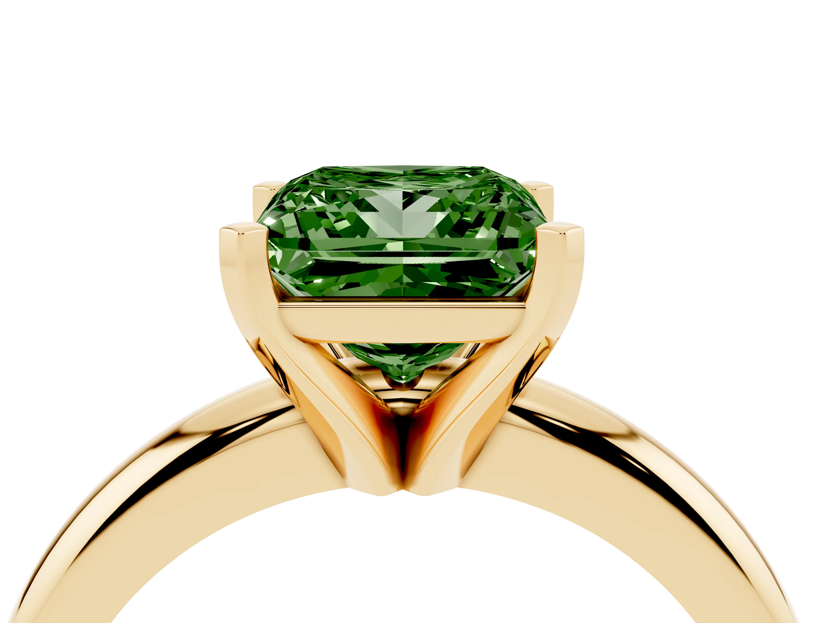 Fancy Green Princess Cut Diamond Solitaire Engagement Ring Set in Yellow gold with Round Band and Prong Setting