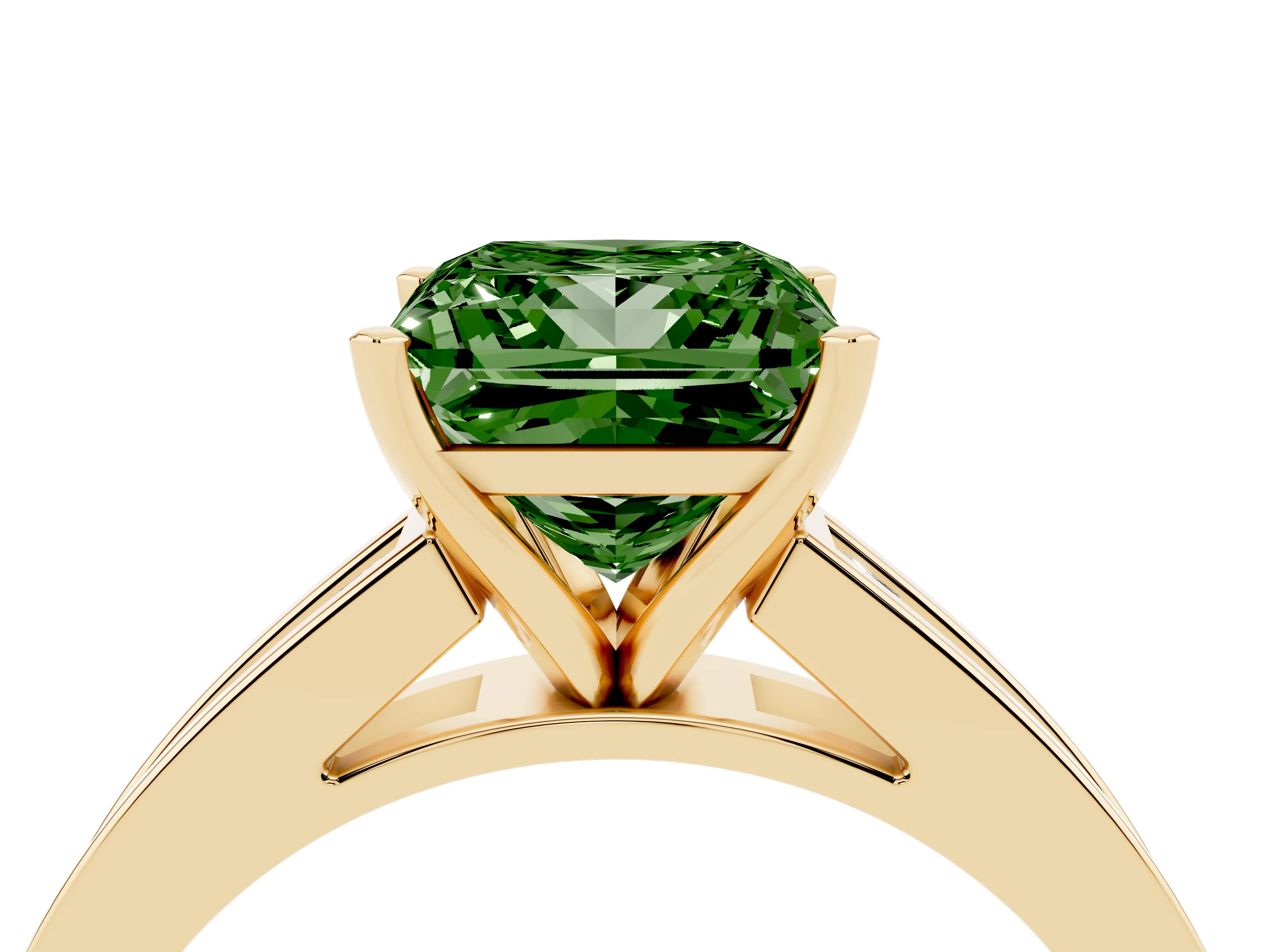 Fancy Green Princess Cut Diamond Solitaire Ring Set in Yellow gold with Channel-Set Band and Prong Setting