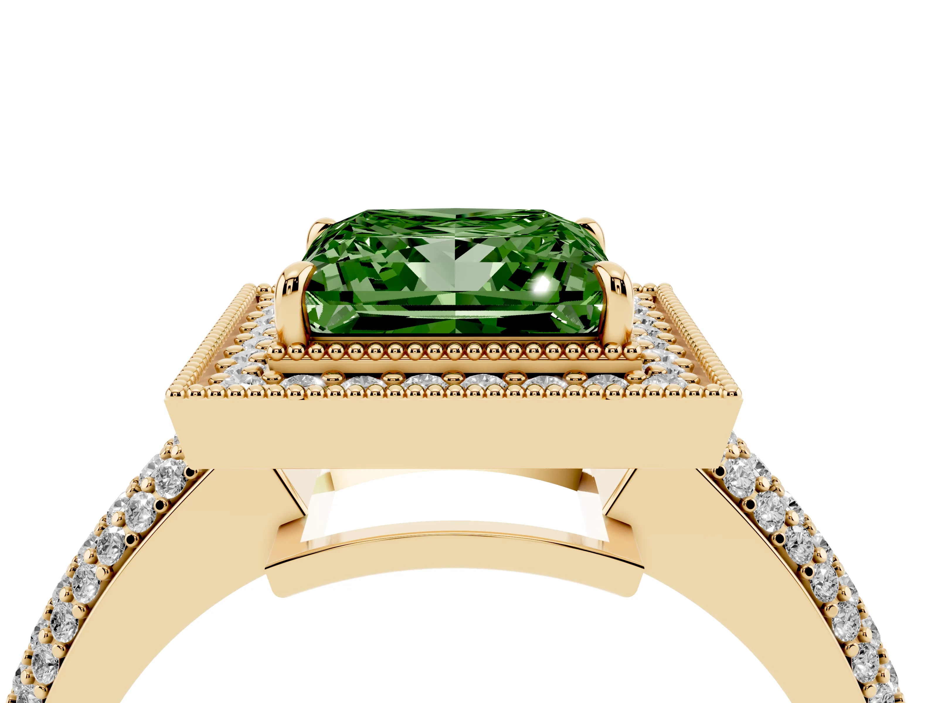 Fancy Green Princess Cut Diamond Halo Pavé Band Set in Yellow gold with Prong Setting