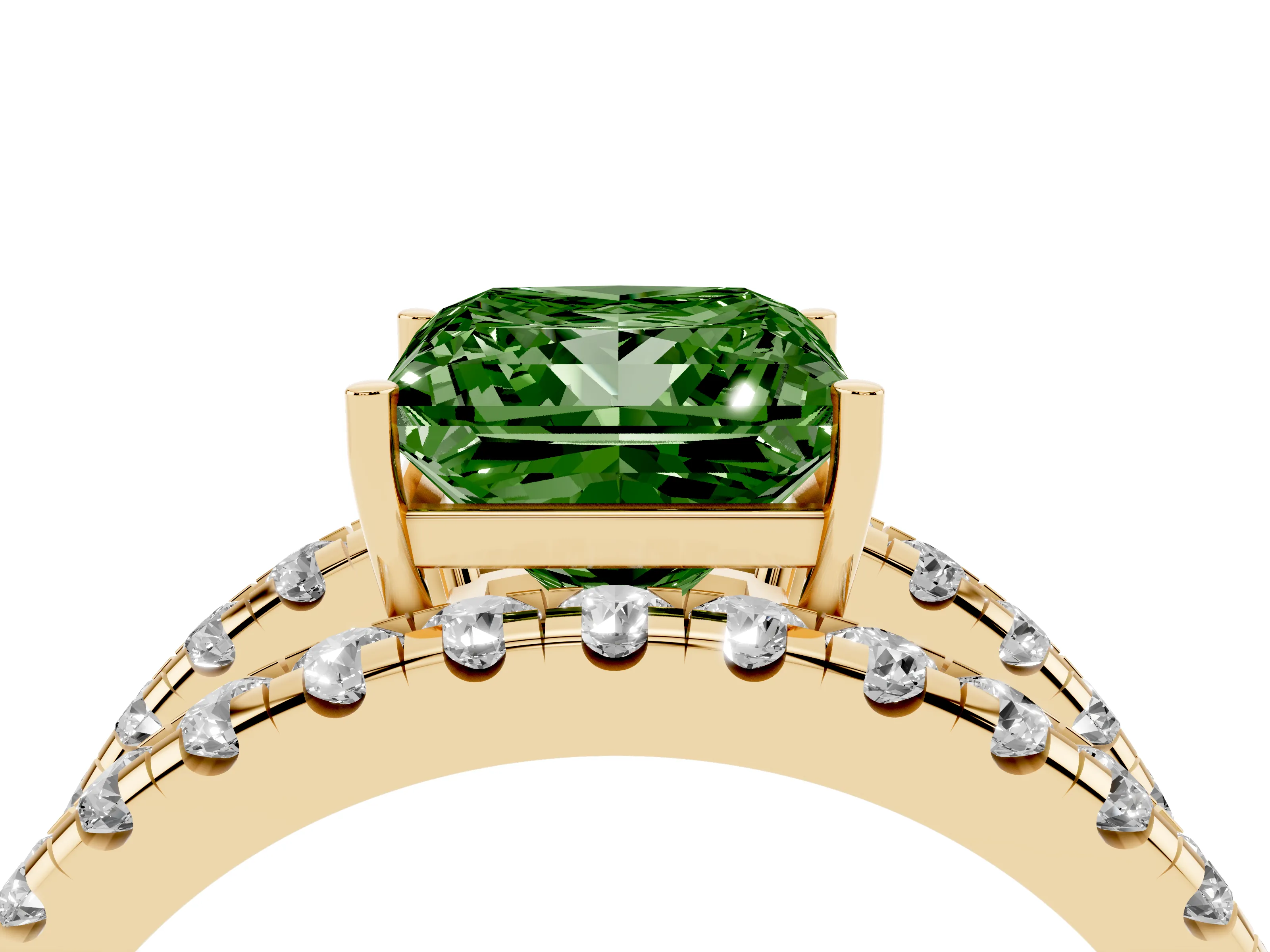 Fancy Green Princess Cut Diamond Split Shank Pavé Solitaire Ring Set in Yellow gold with Open Shank Design