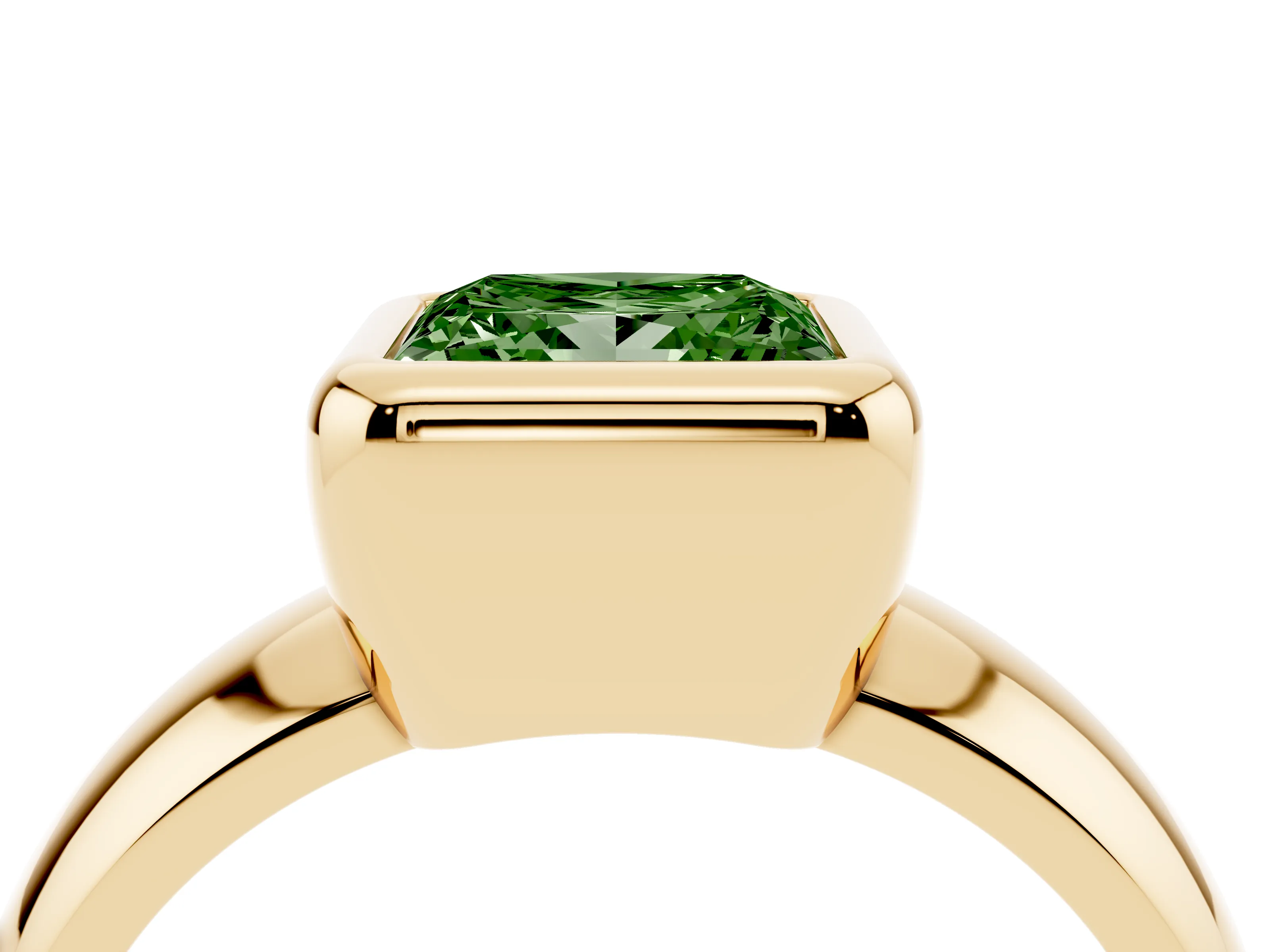 Fancy Green Bezel Set Princess Cut Diamond Solitaire Ring Set in Yellow gold with Wide Band