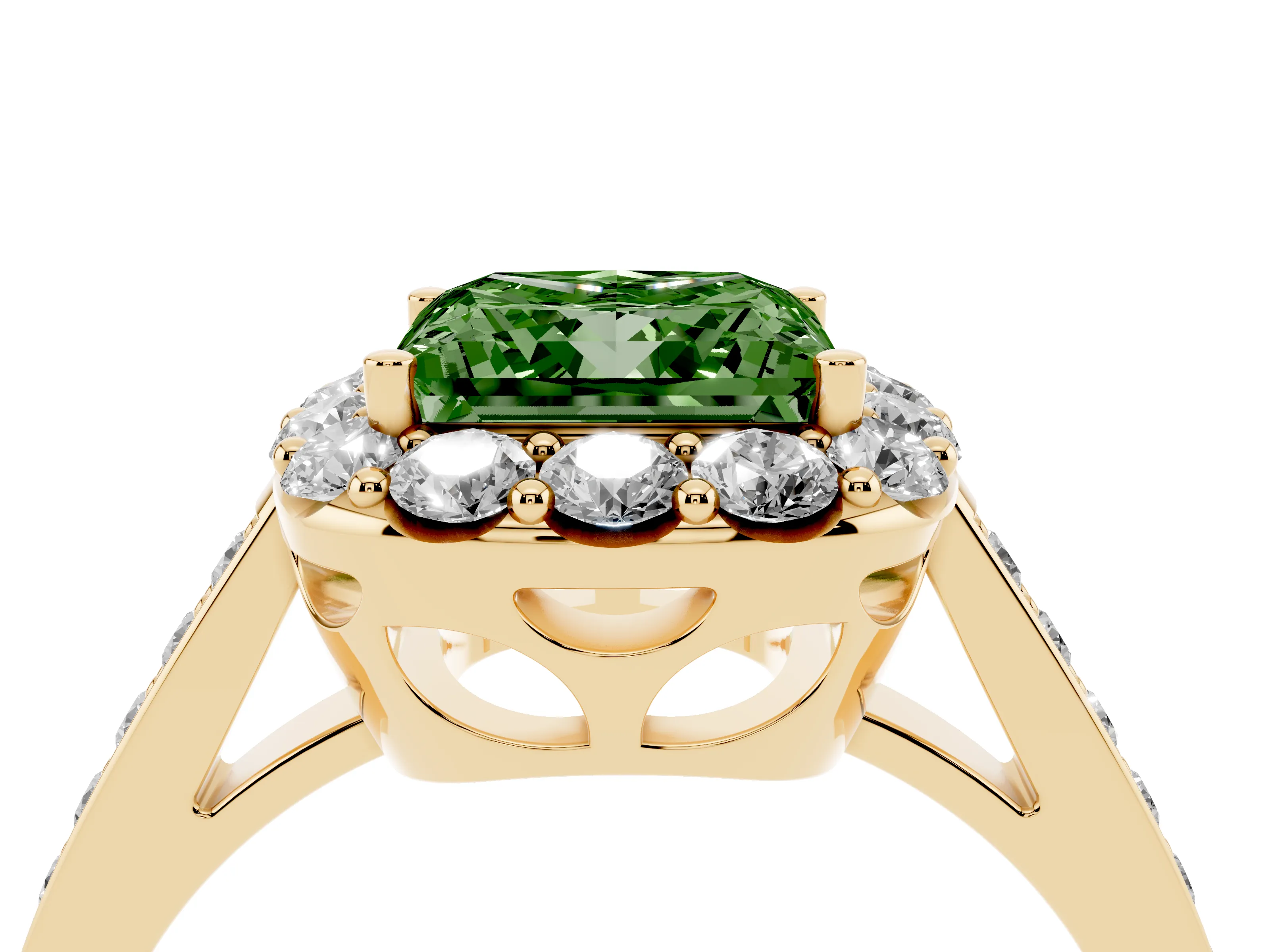 Fancy Green Princess Cut Diamond Floral Halo Ring Set in Yellow gold with Pavé Band and Prong Setting