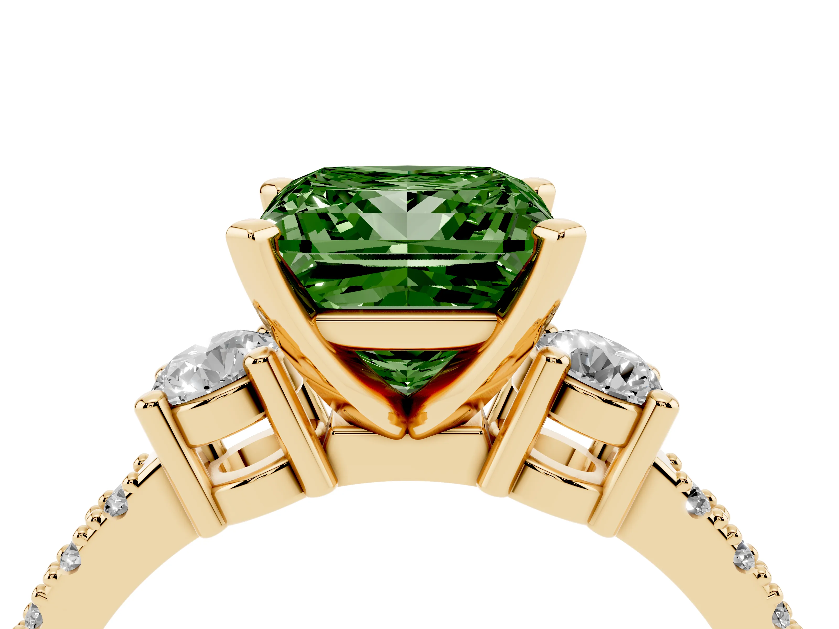 Fancy Green Three-Stone Princess Cut Diamond Pavé Band Ring Set in Yellow gold with Prong Setting