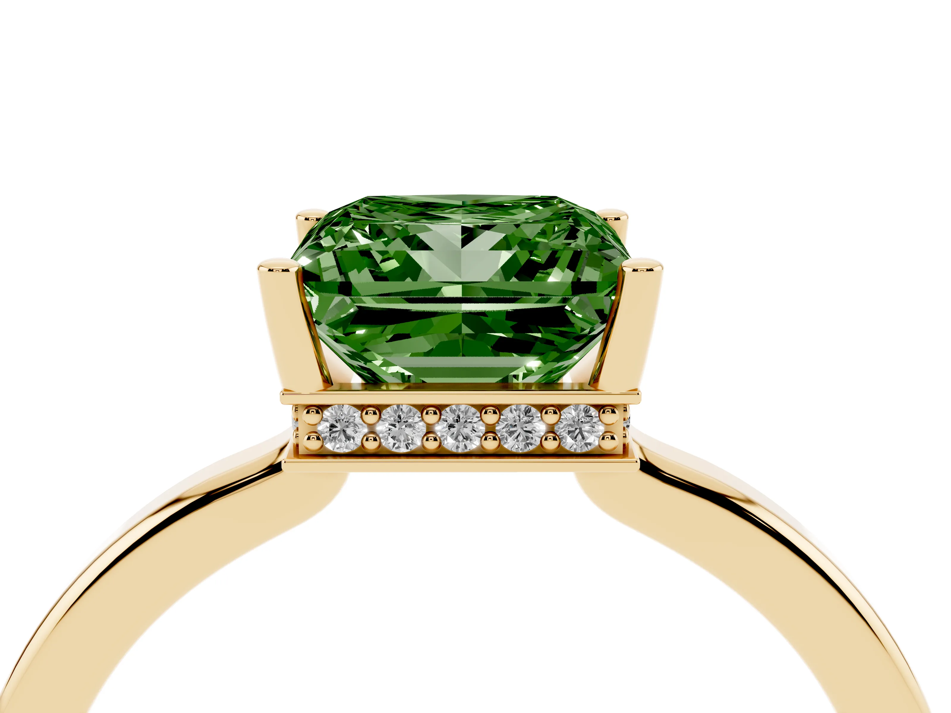 Fancy Green Princess Cut Diamond Solitaire Engagement Ring Set in Yellow gold with Prong Setting on a Plain Band