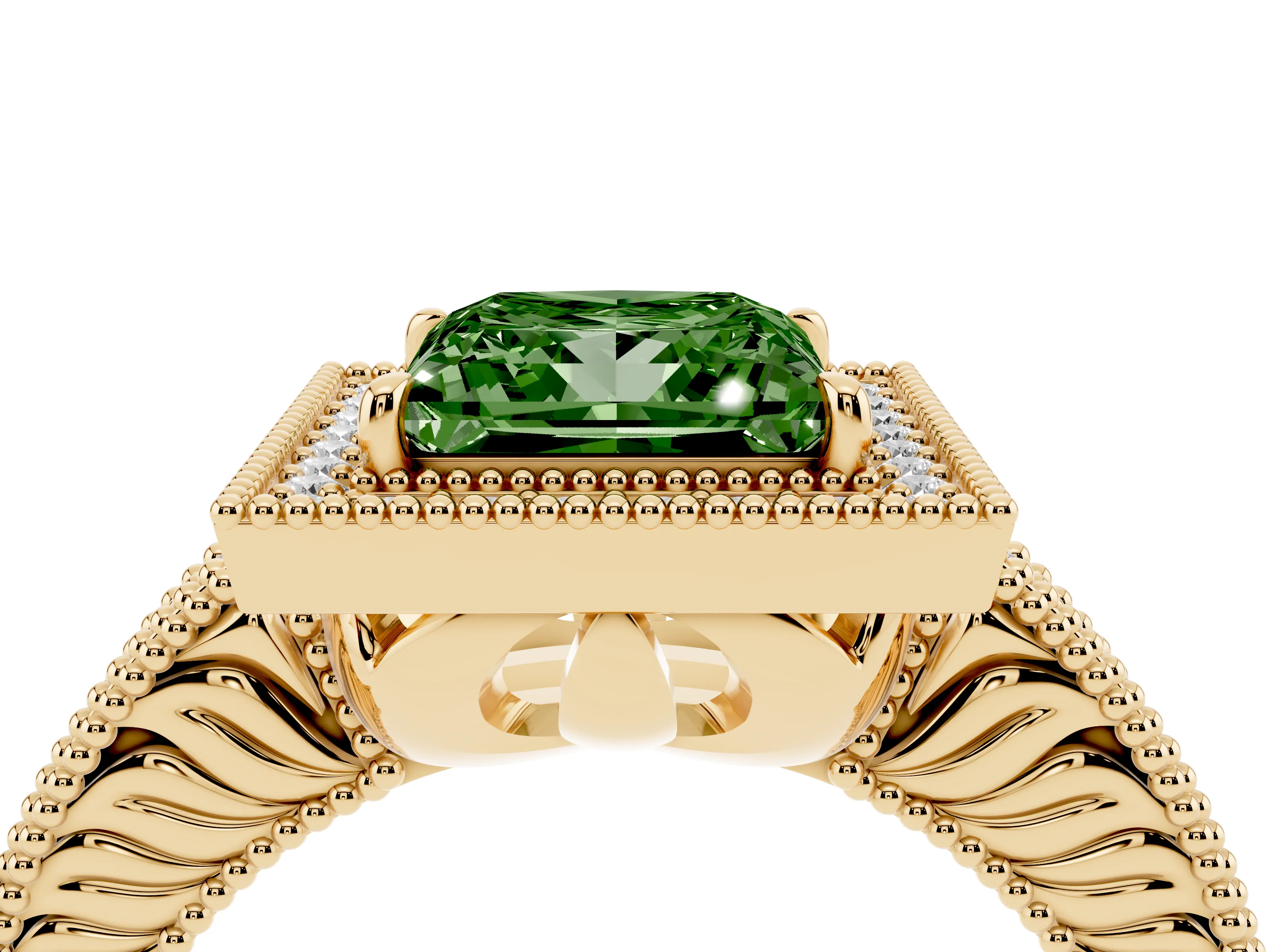 Fancy Green Princess Cut Diamond Halo Ring Set in Yellow gold with Round Accent Halo, Pavé Band and Prong Setting