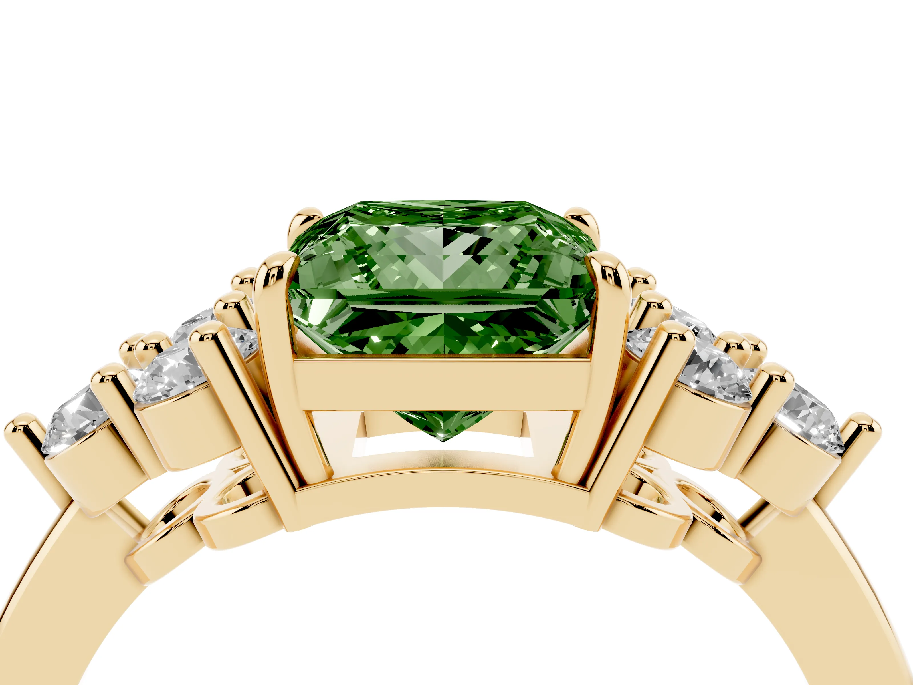 Fancy Green Princess Cut Diamond Solitaire Ring Set in Yellow gold with Cluster Accents on Each Side
