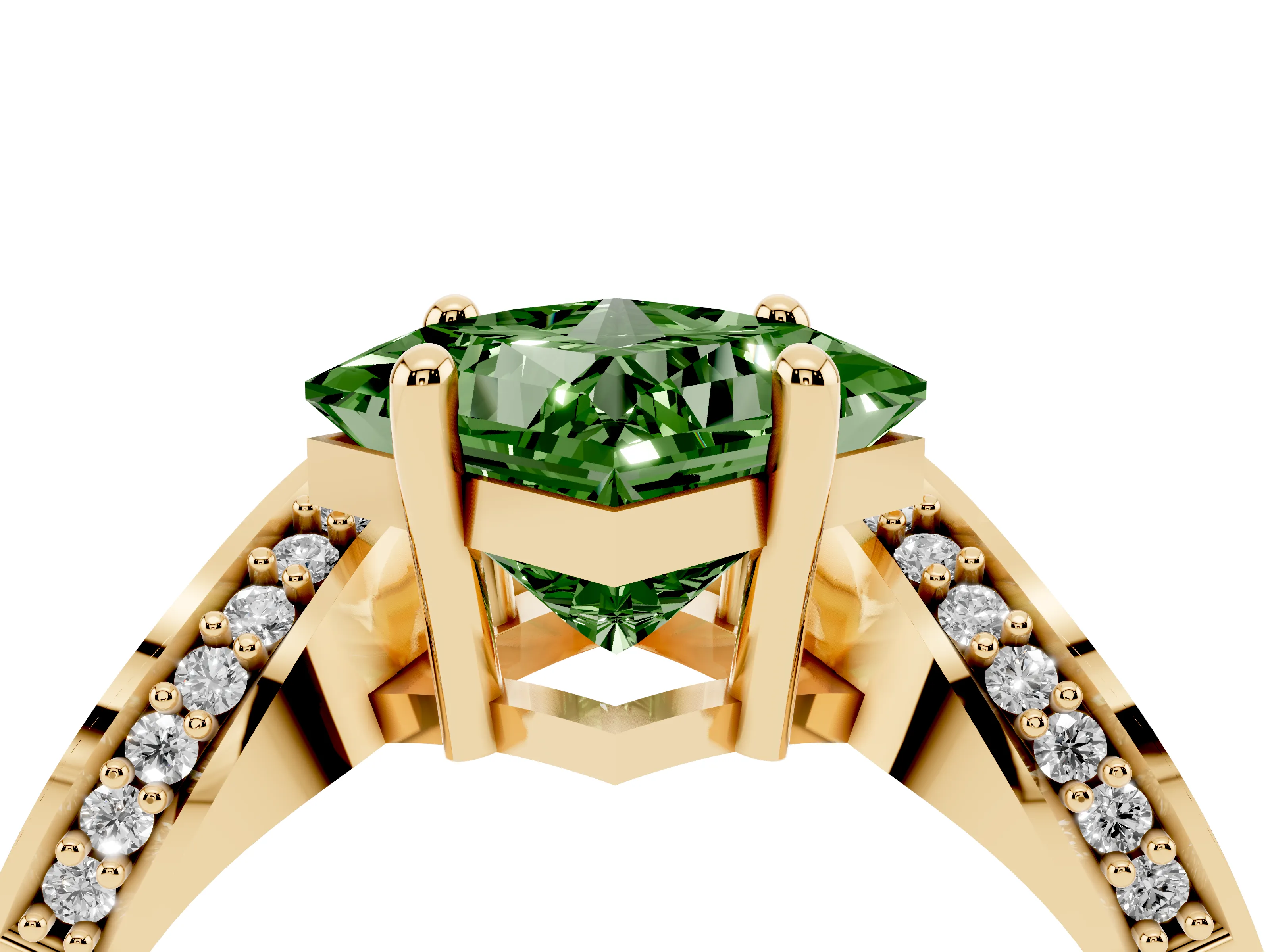 Fancy Green Princess Cut Diamond Solitaire Engagement Ring Set in Yellow gold with Pavé Shoulders