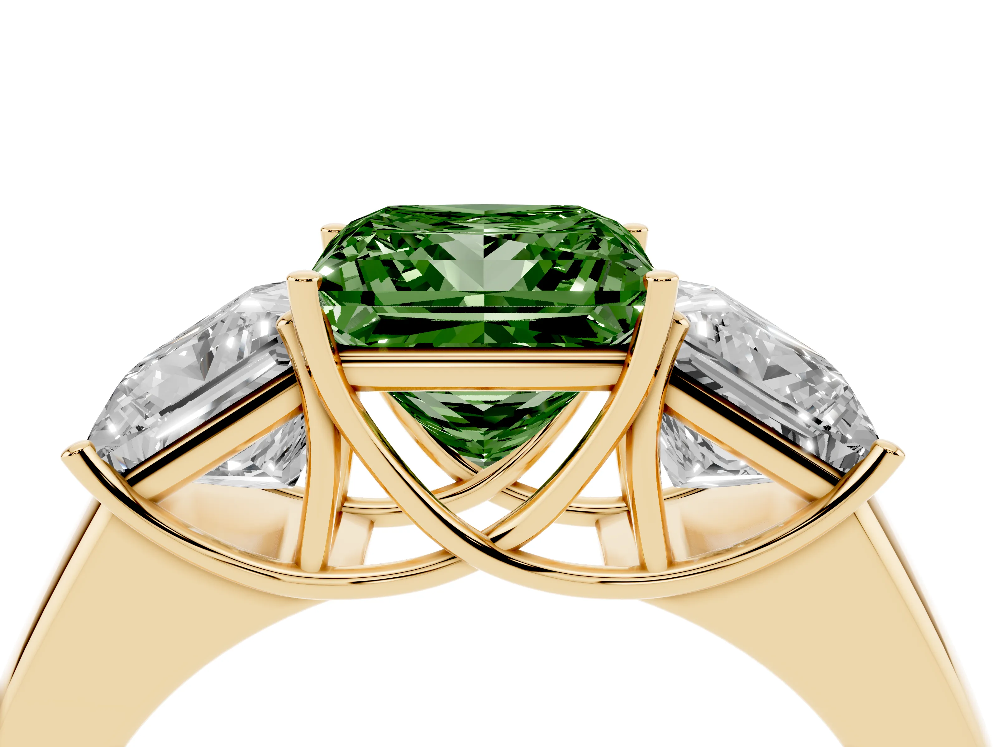 Fancy Green Three-Stone Princess Cut Diamond Ring Set in Yellow gold with Matching Prong Settings and Plain Band