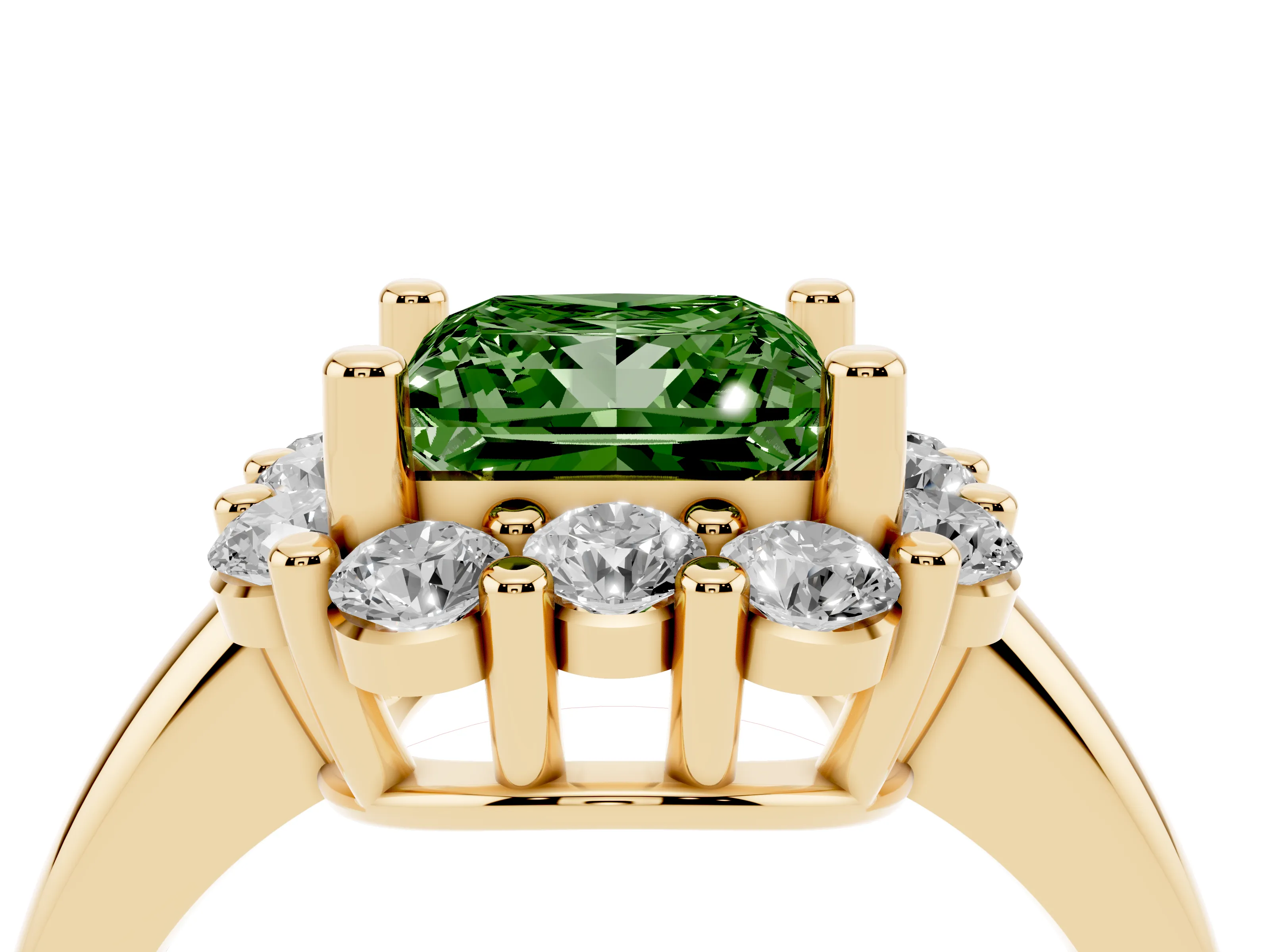 Fancy Green Princess Cut Diamond Halo Cluster Engagement Ring Set in Yellow gold with Polished Band and Prong Setting