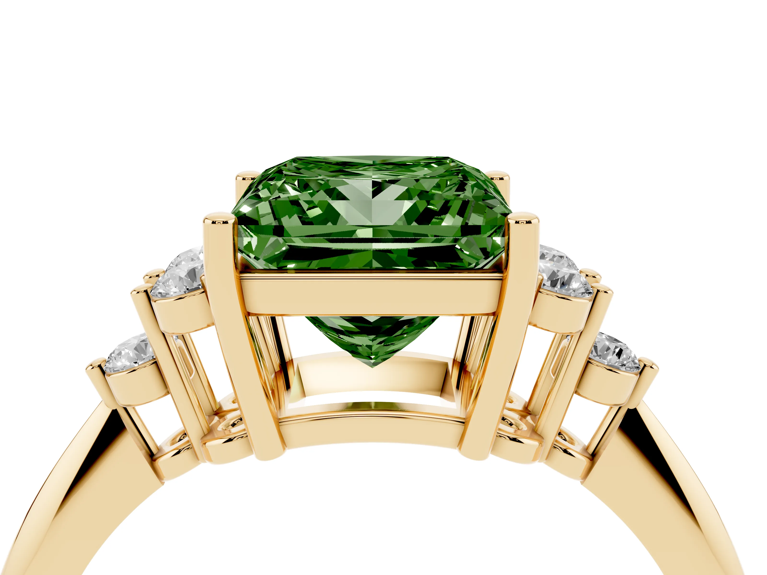 Fancy Green Princess Cut Diamond Cluster Ring Set in Yellow gold with Plain Band and Prong Setting