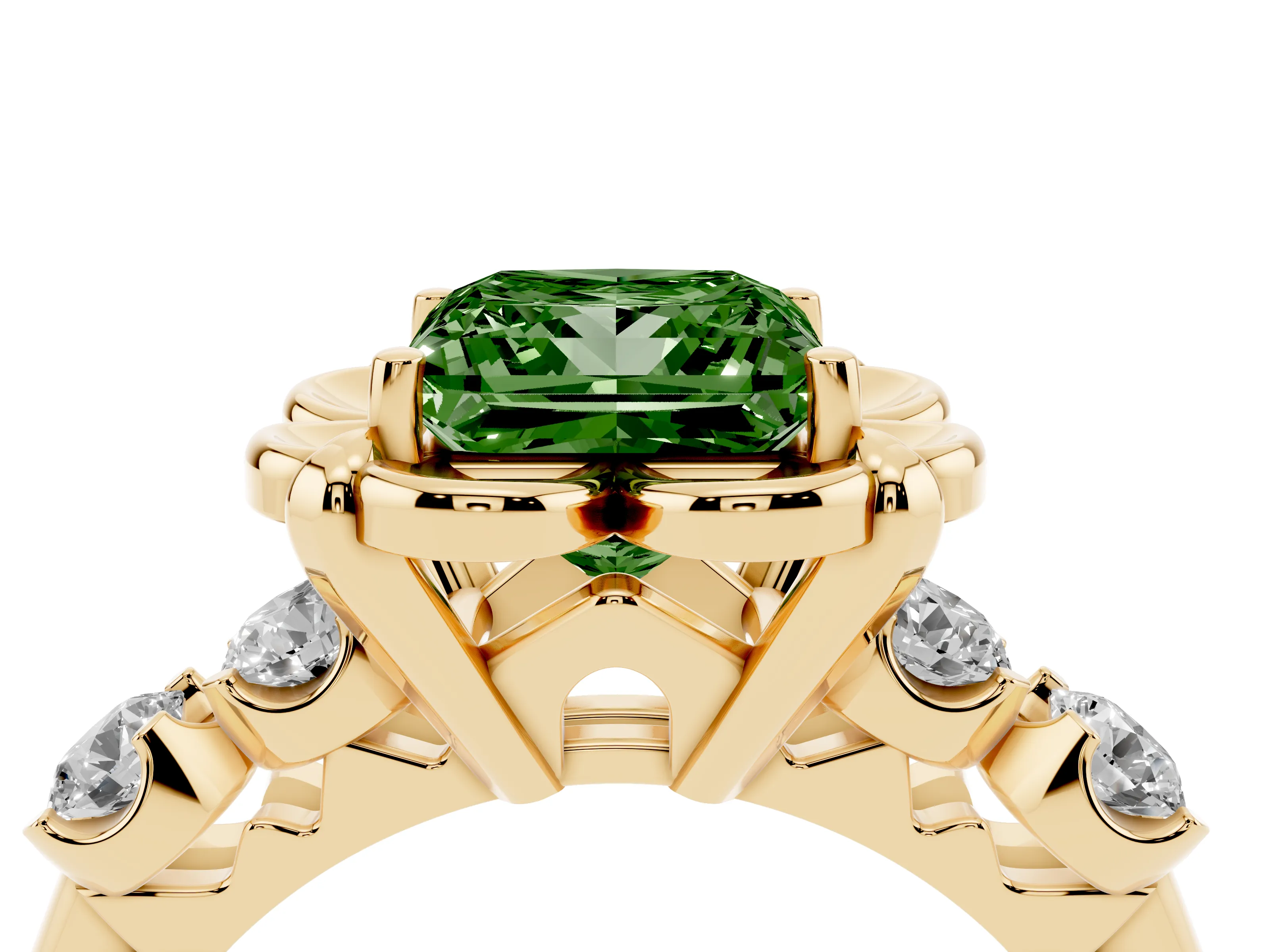 Fancy Green Princess Cut Diamond Floral Halo Ring Set in Yellow gold with Shared Prong Band