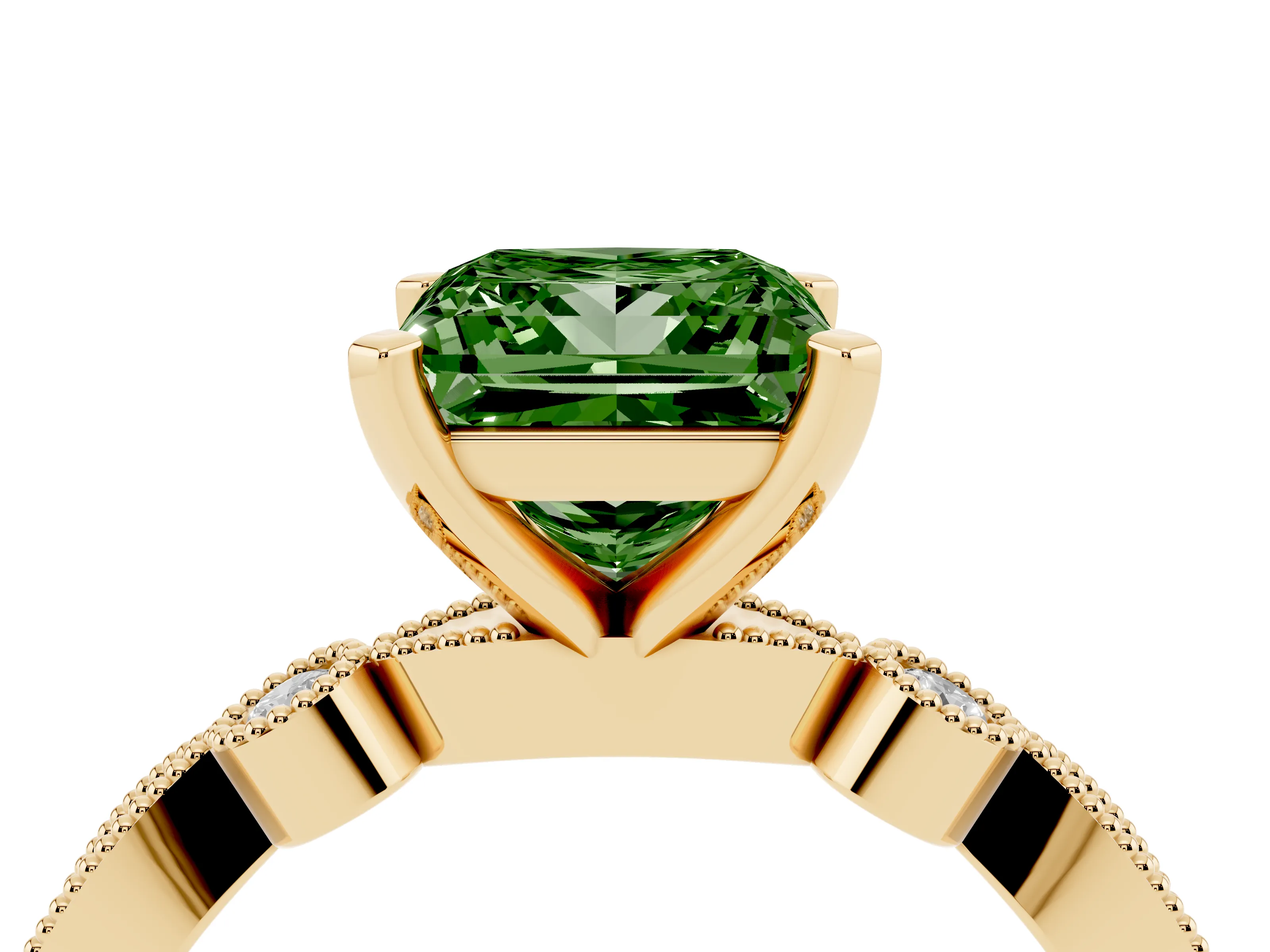 Fancy Green Princess Cut Diamond Solitaire Engagement Ring Set in Yellow gold with Milgrain Bezel Accent Band