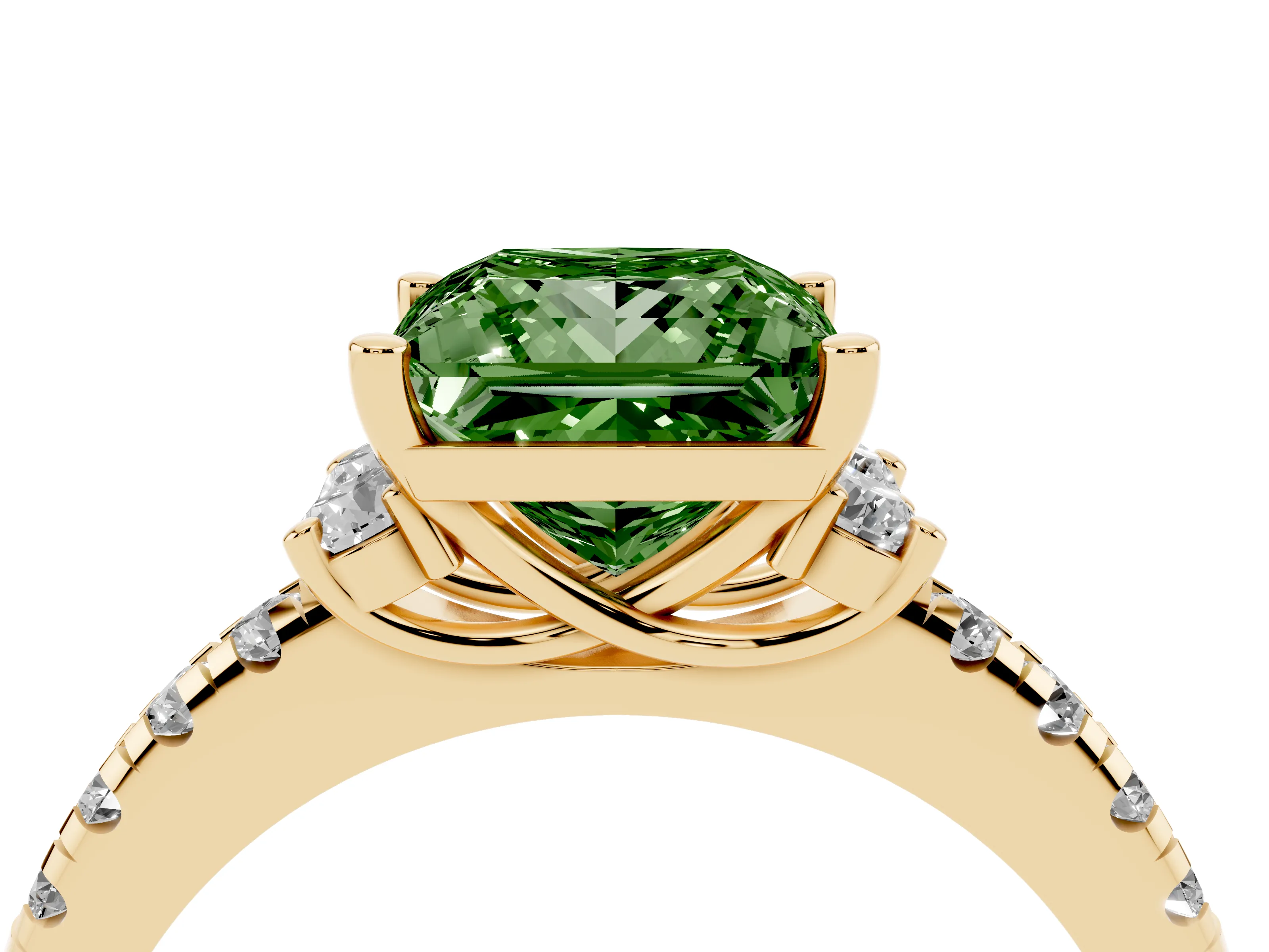 Fancy Green Princess Cut Diamond Three-Stone Pavé Ring Set in Yellow gold with Prong Setting