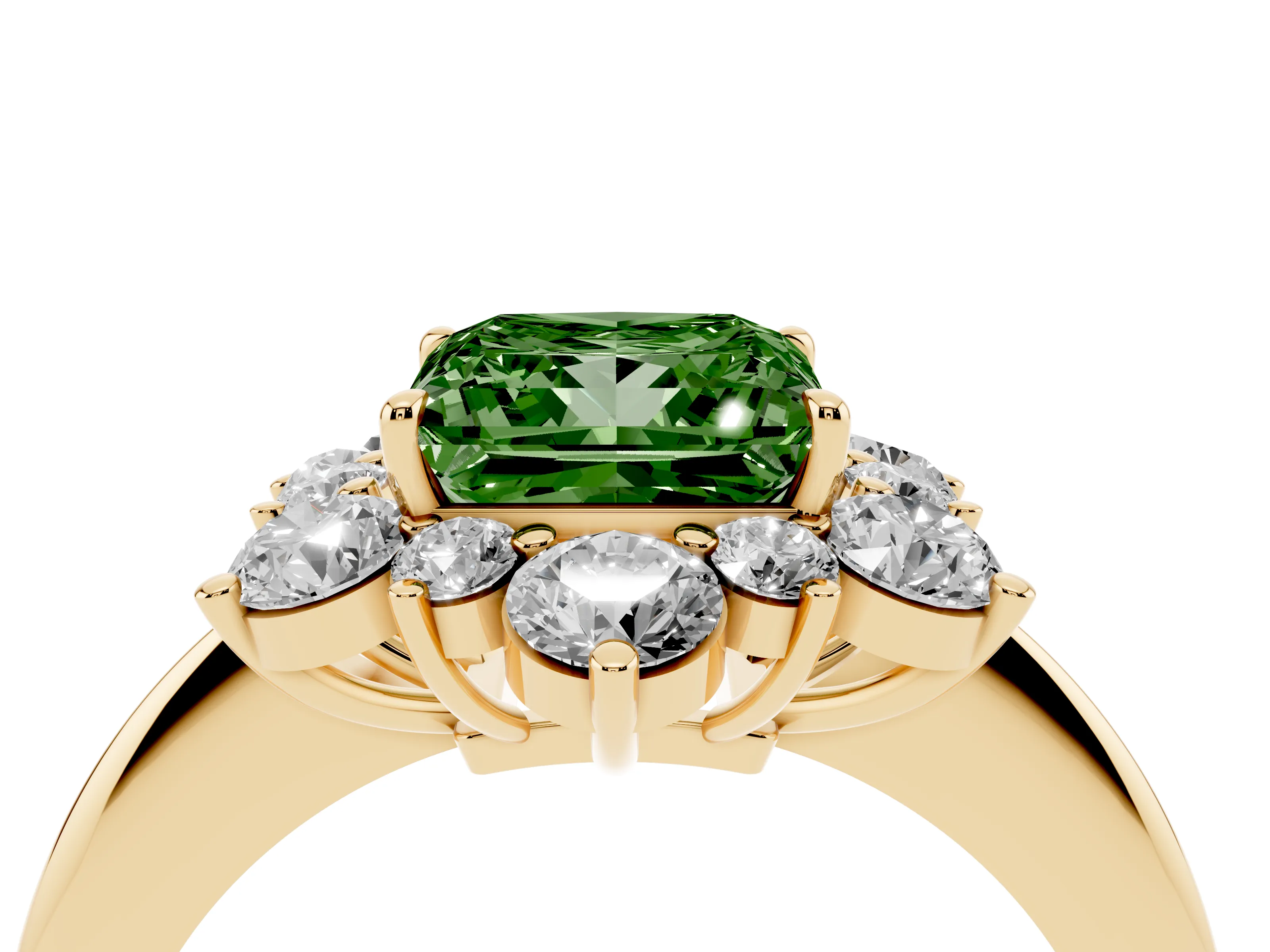 Fancy Green Princess Cut Diamond Cluster Halo Ring Set in Yellow gold with Solitaire Band and Prong Setting