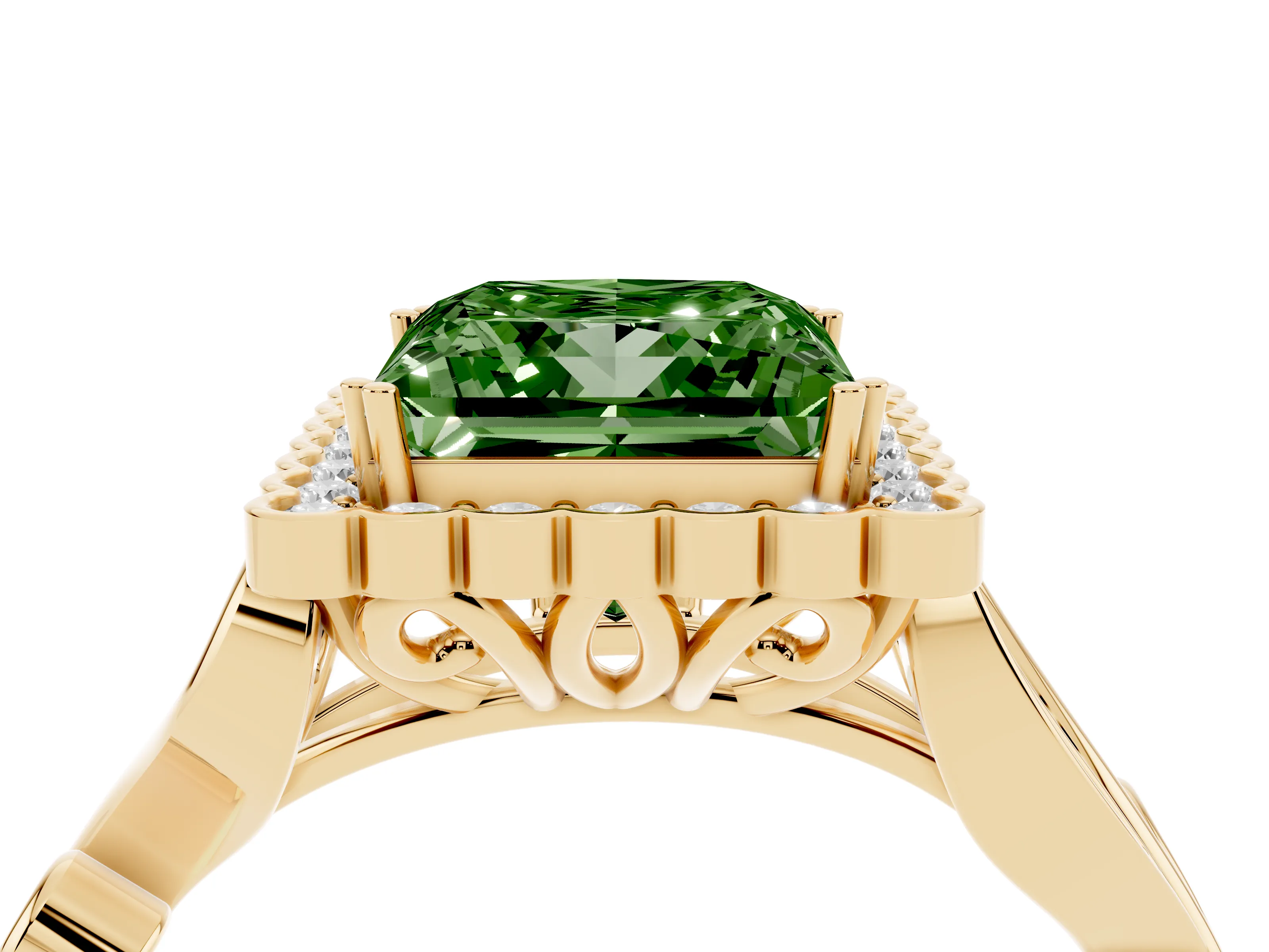Fancy Green Princess Cut Diamond Halo Ring Set in Yellow gold with Leaf Motif Split Shank and Prong Setting