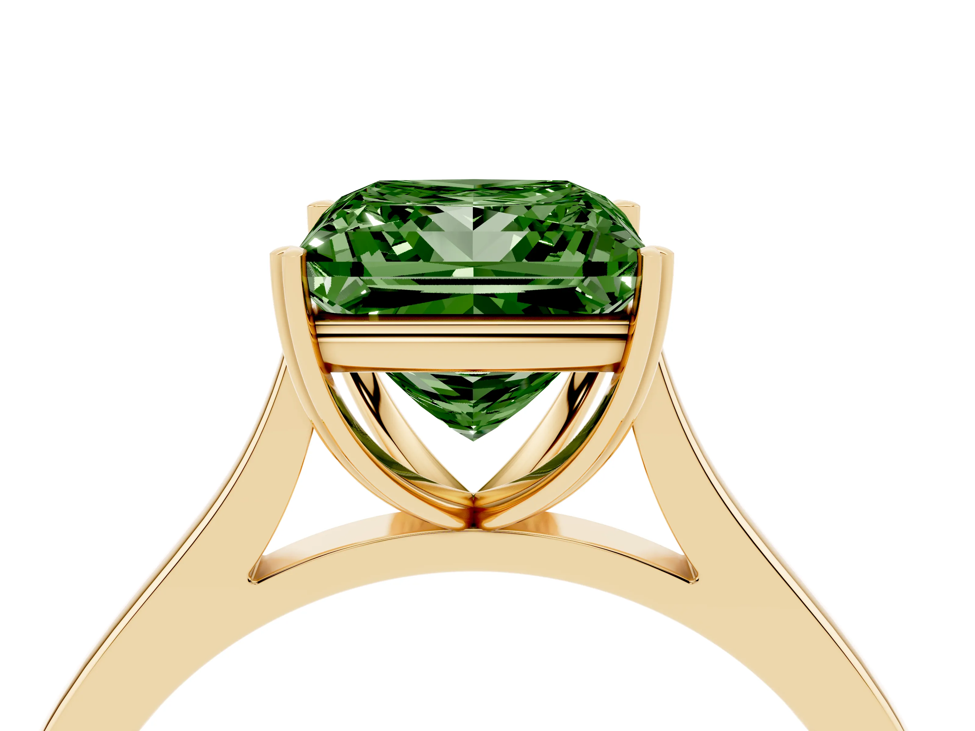 Fancy Green Princess Cut Diamond Solitaire Heart Prong Engagement Ring Set in Yellow gold with Tapered Band