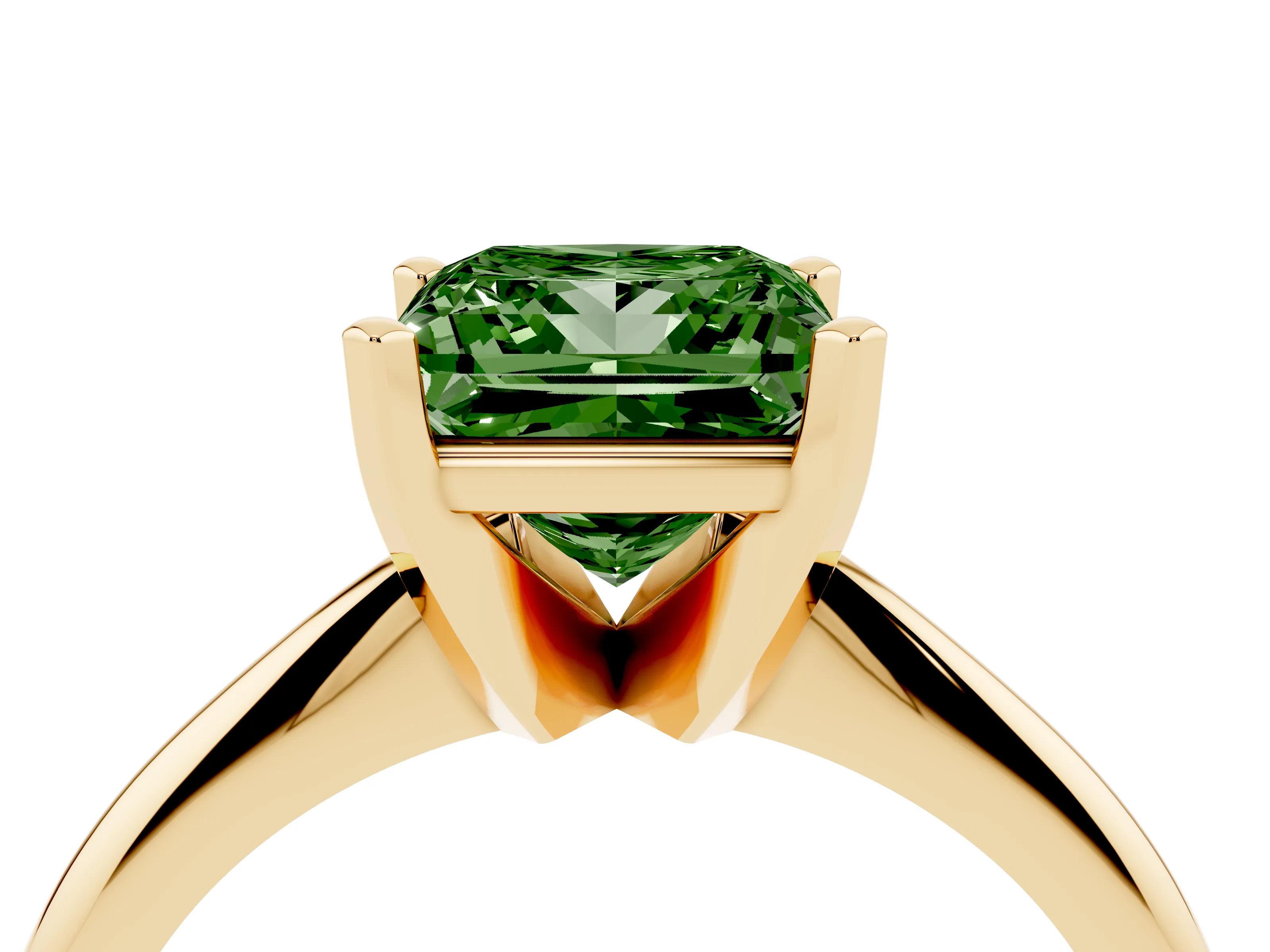 Fancy Green Princess Cut Diamond Solitaire Ring Set in Yellow gold with Prong Setting on a Plain Round Band