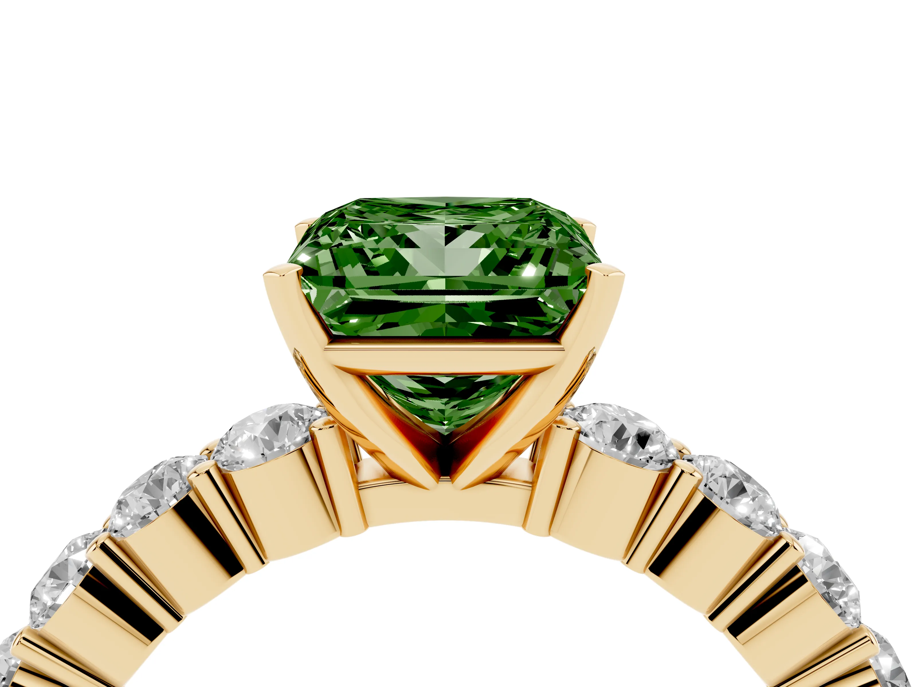 Fancy Green Princess Cut Diamond Solitaire Ring Set in Yellow gold with Shared Prong Round Side Stones