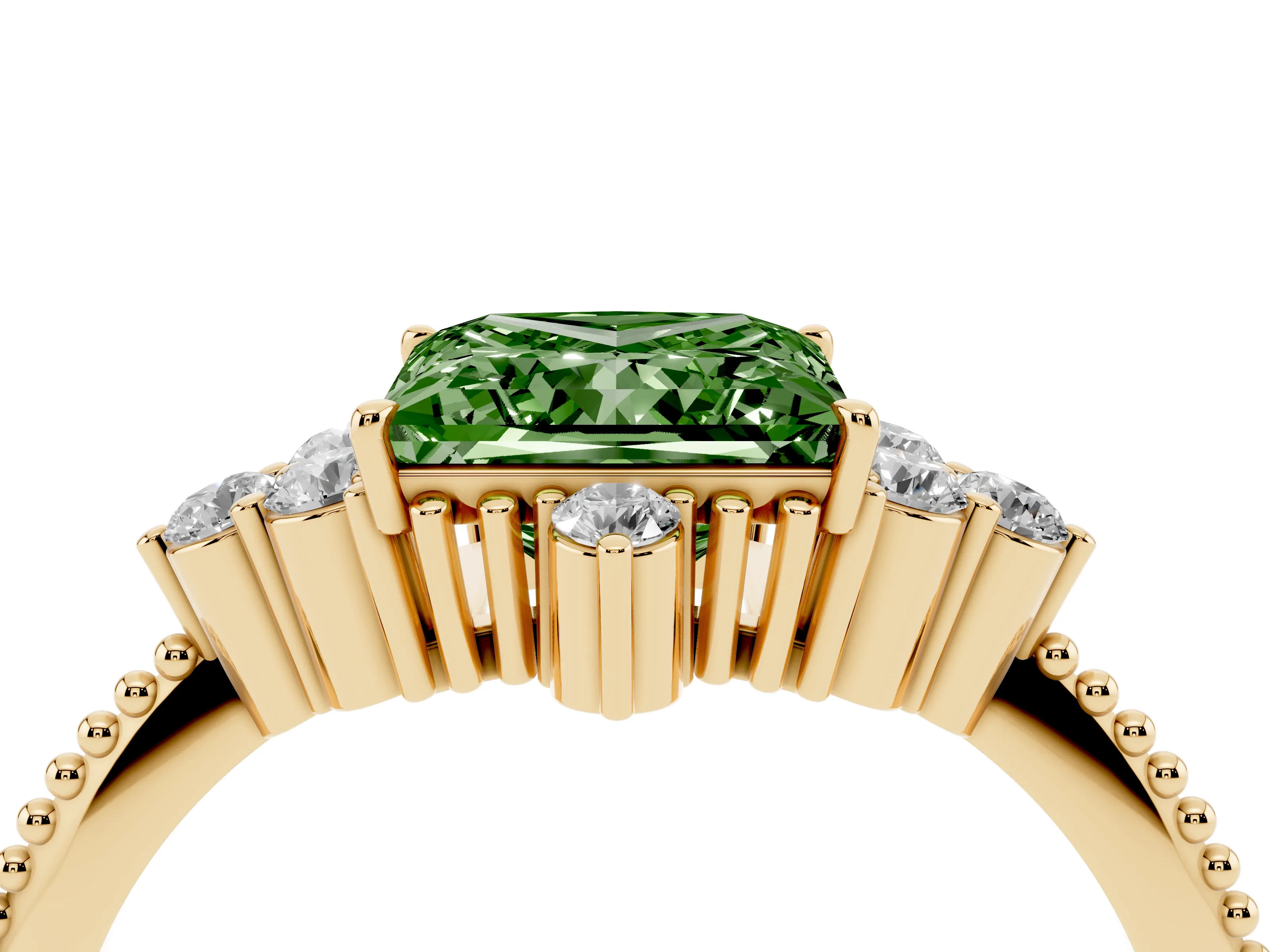 Fancy Green Princess Cut Diamond Cluster Ring Set in Yellow gold with Beaded Band