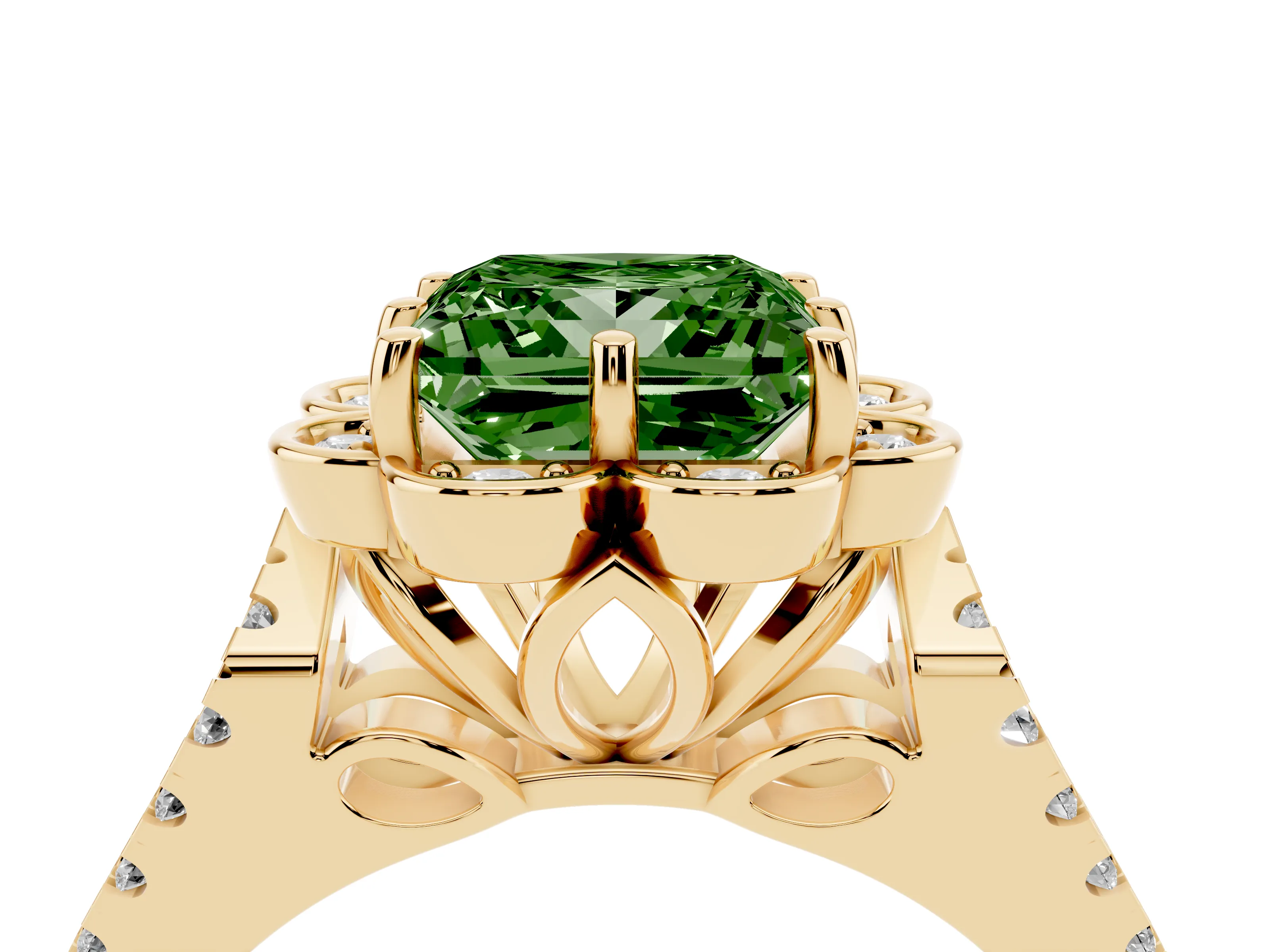 Fancy Green Princess Cut Diamond Floral Halo Split Shank Engagement Ring Set in Yellow gold with Pavé Shank