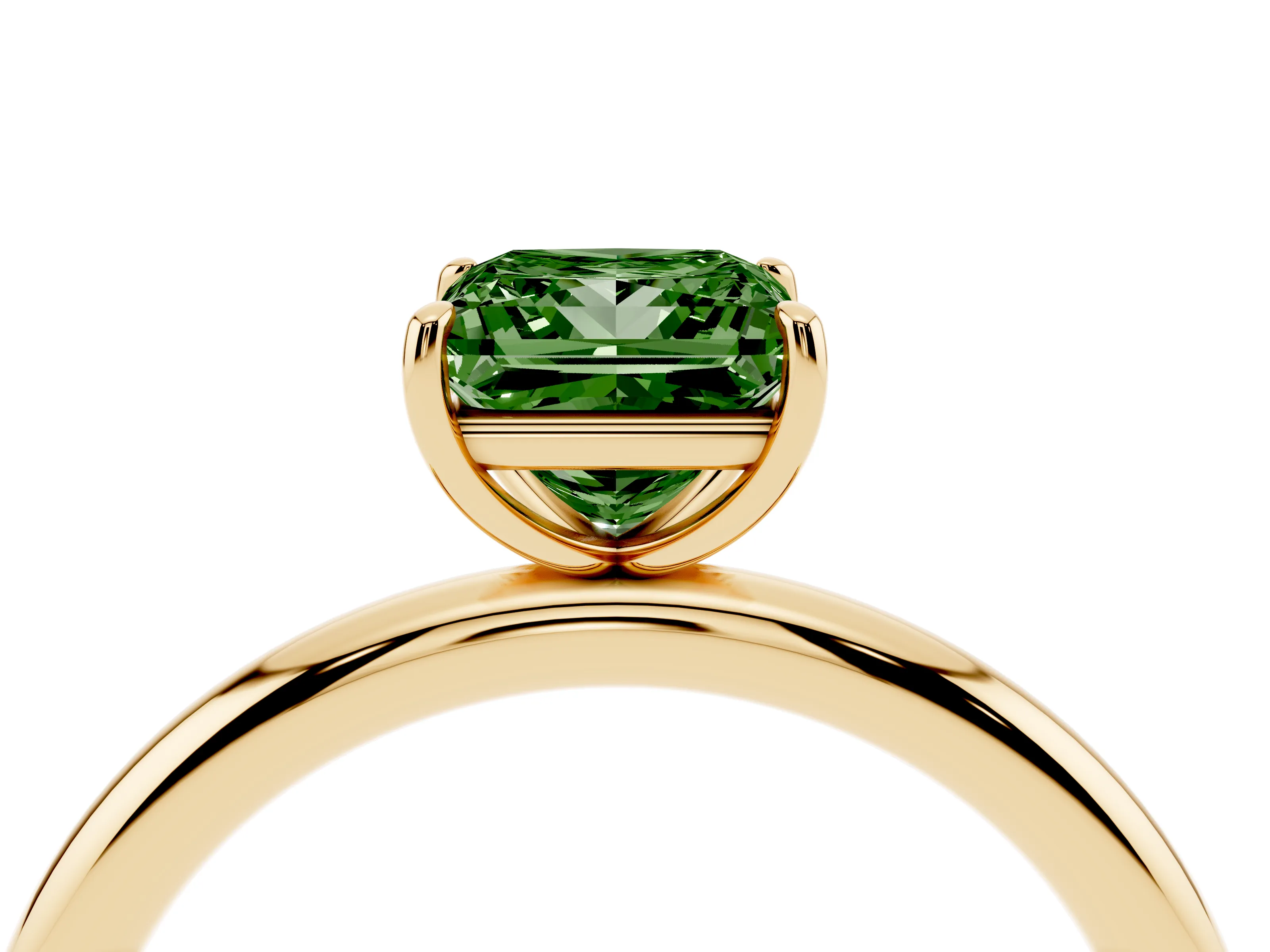 Fancy Green Princess Cut Diamond Solitaire Ring Set in Yellow gold with Prong Setting on a Polished Plain Band