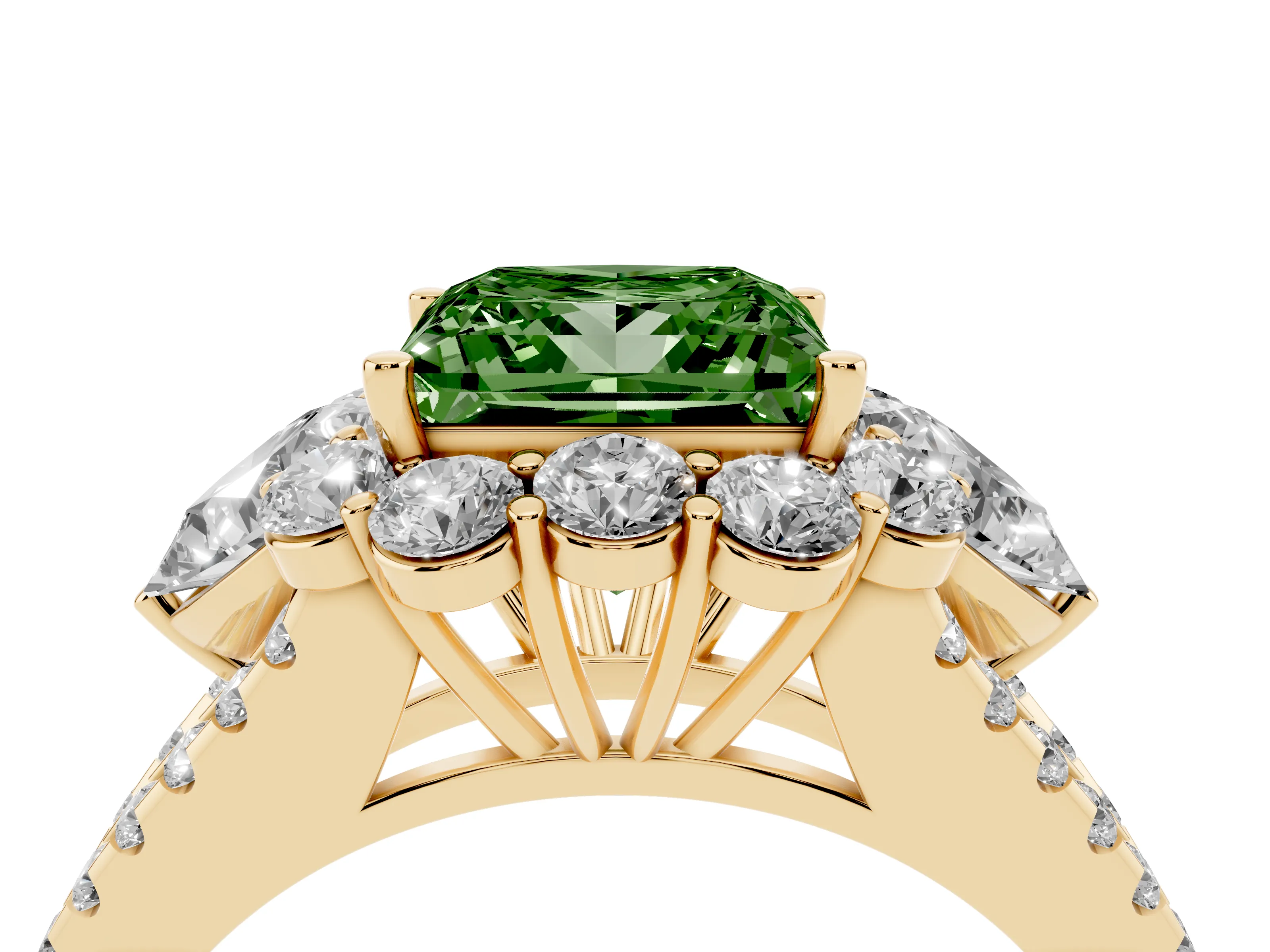 Fancy Green Princess Cut Diamond Halo Split Shank Engagement Ring Set in Yellow gold with Prong-Held Center Stone