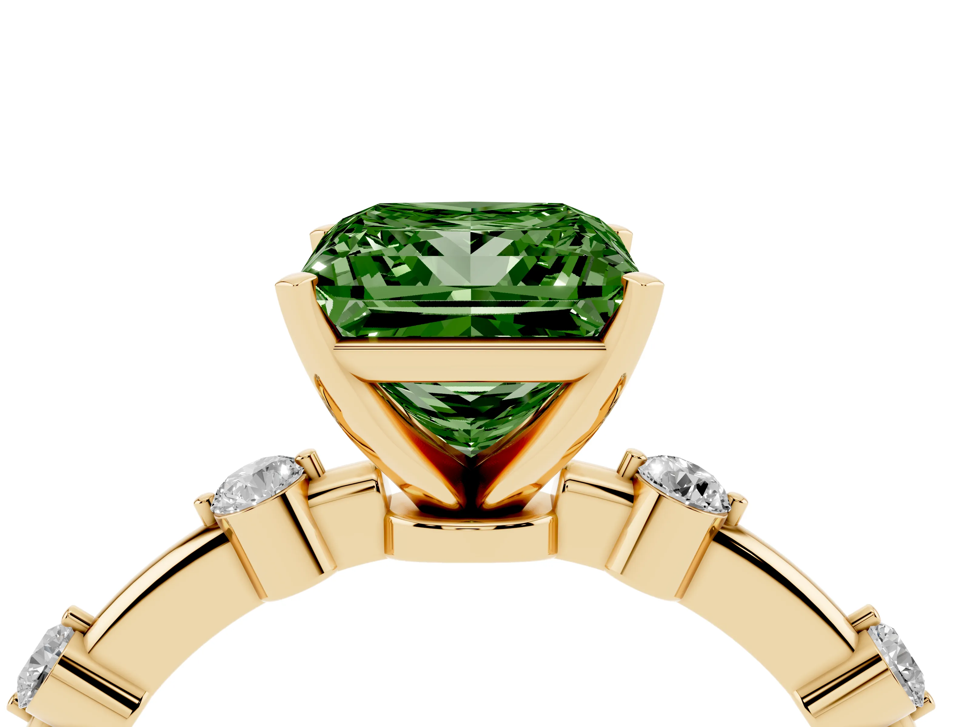 Fancy Green Princess Cut Diamond Solitaire Ring Set in Yellow gold with Bezel Set Side Stones and Prong Setting