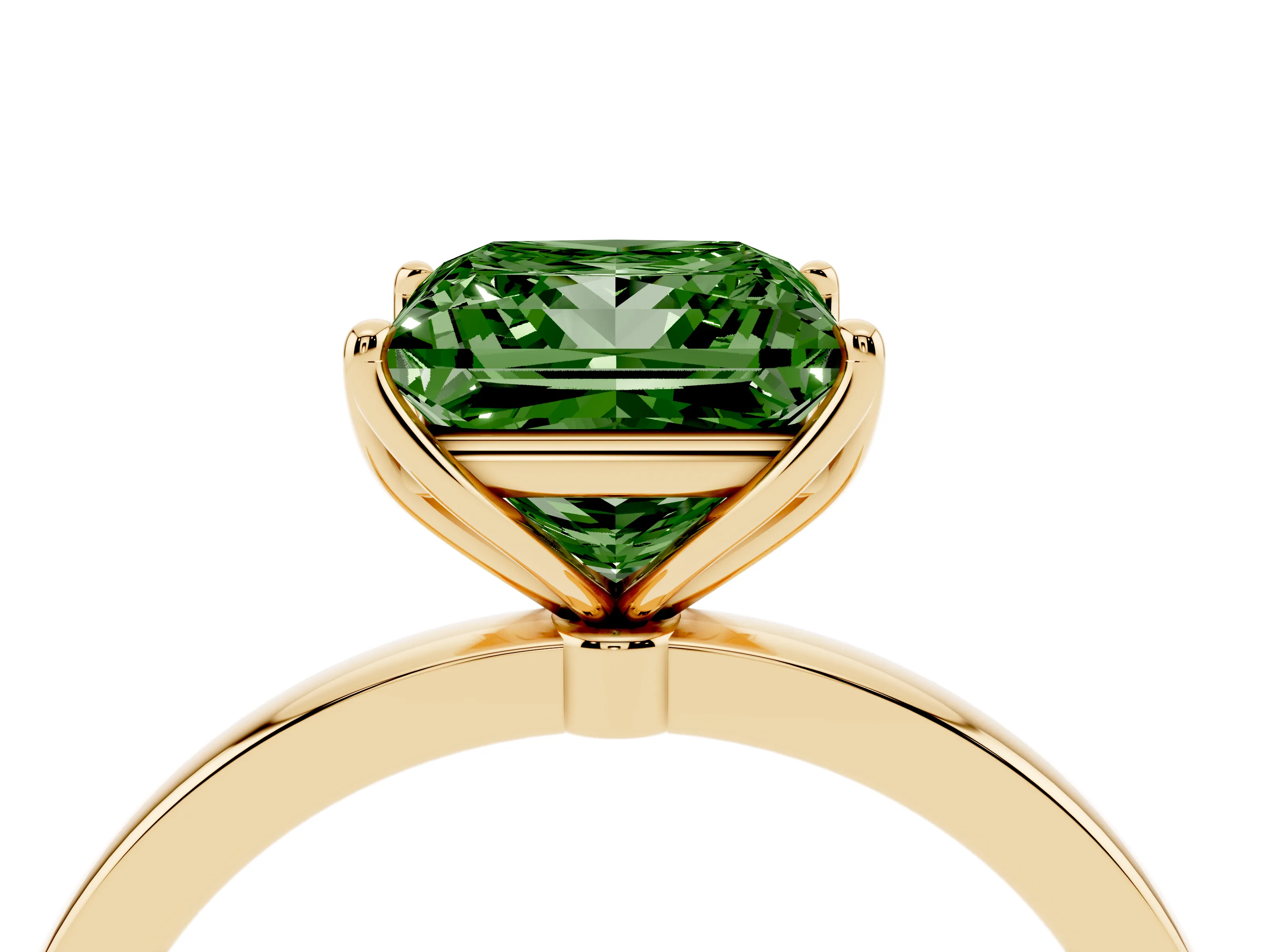 Fancy Green Princess Cut Diamond Solitaire Ring Set in Yellow gold with Prong Setting and Thin Polished Band