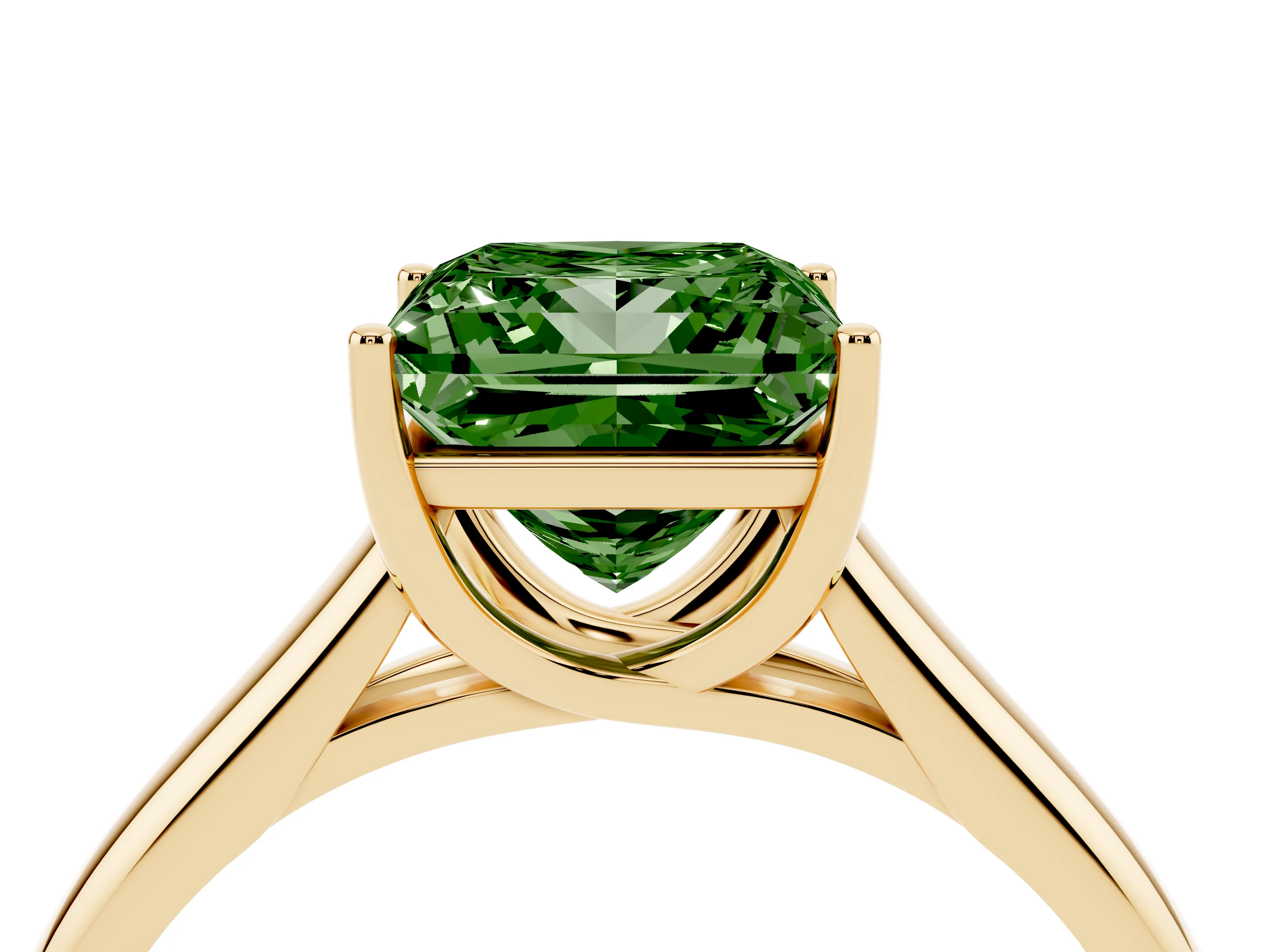 Fancy Green Princess Cut Diamond Solitaire Engagement Ring Set in Yellow gold with Subtly Tapered Band and Prong Setting