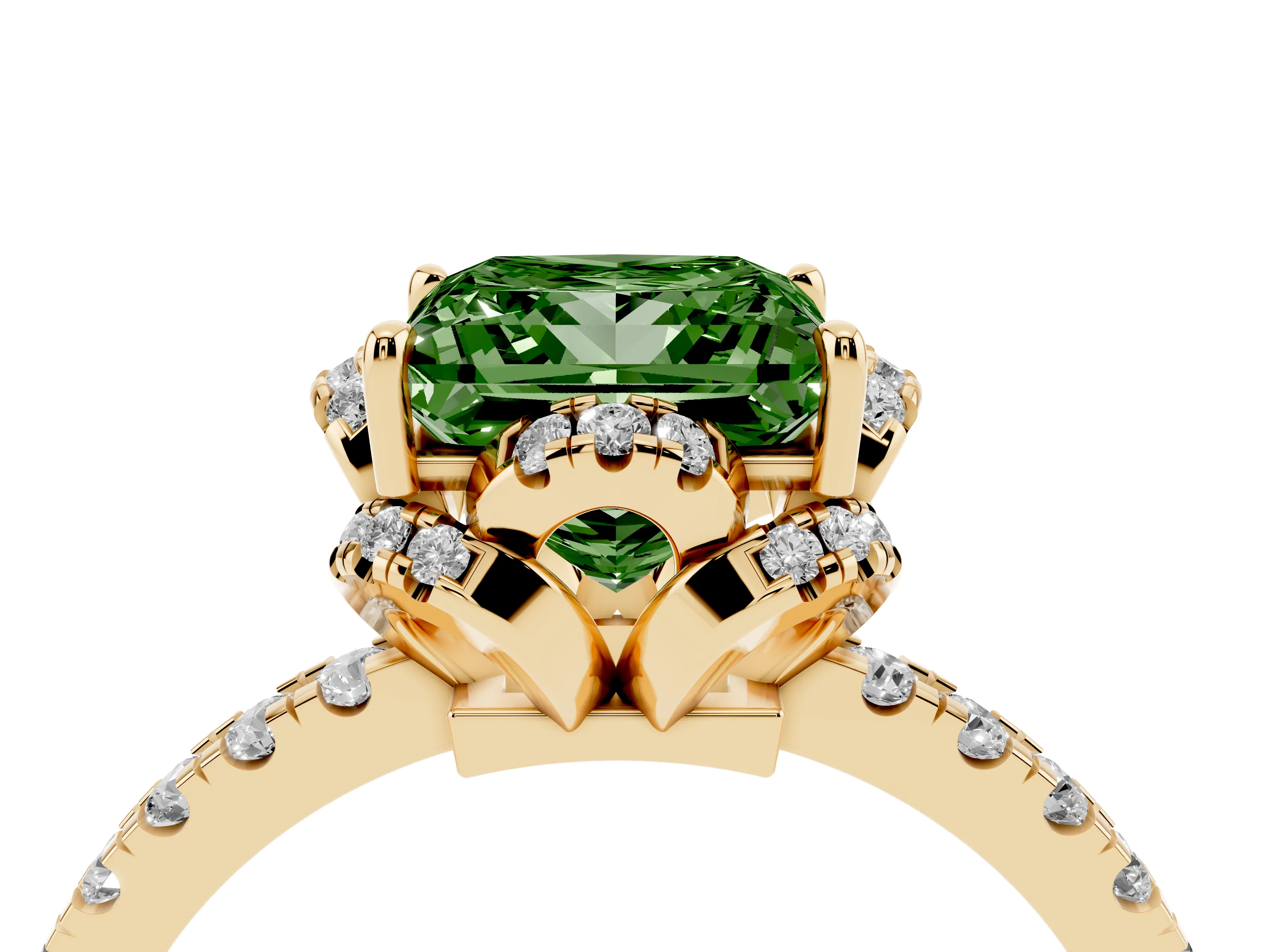 Fancy Green Princess Cut Diamond Halo Pavé Band Ring Set in Yellow gold with Prong-Held Center