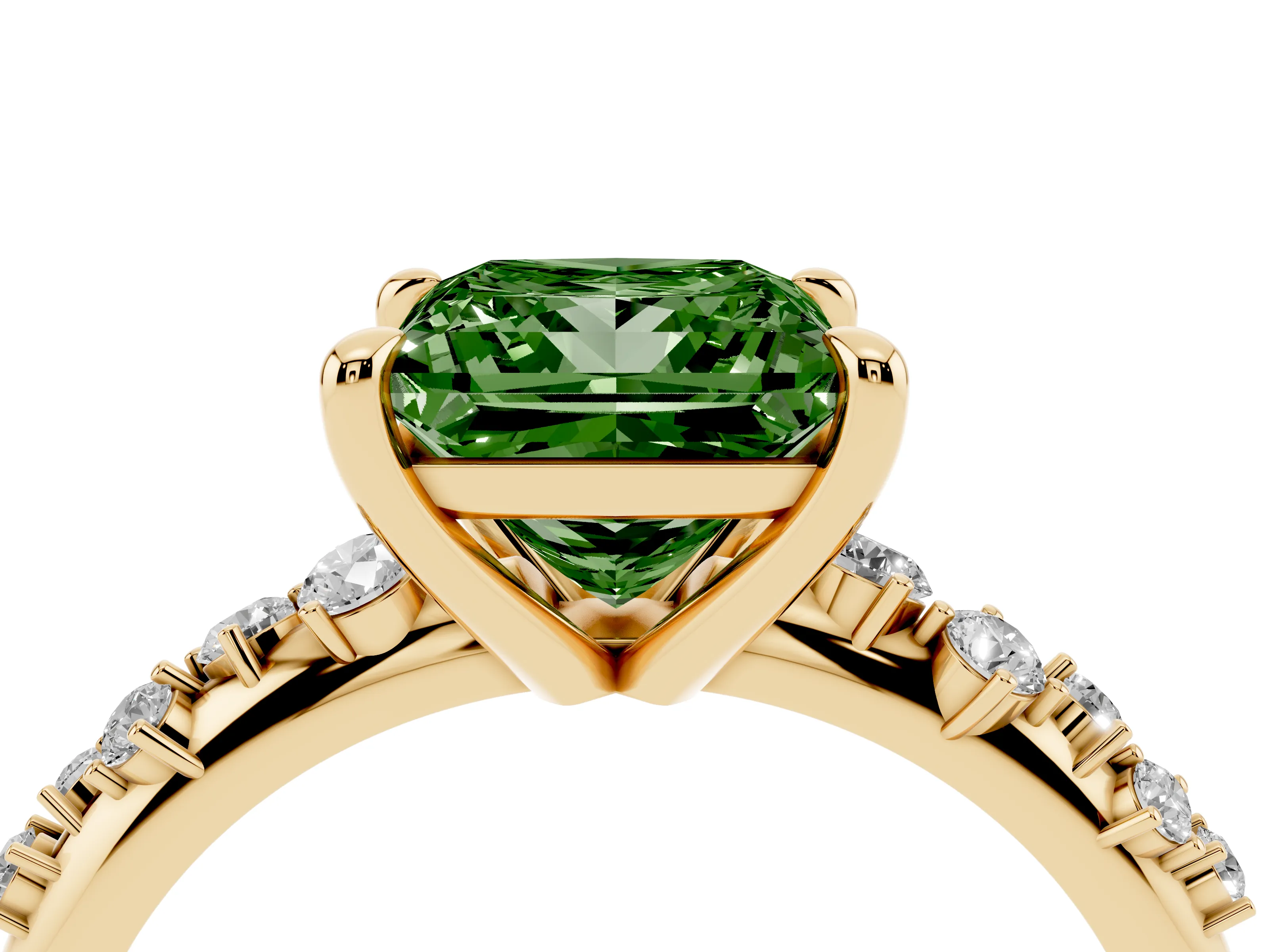 Fancy Green Princess Cut Diamond Solitaire Vine Band Ring Set in Yellow gold with Round Accents and Prong Setting
